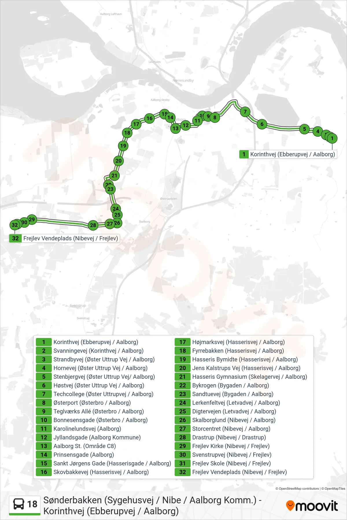 18 bus Linje (Frejlev) rute og stop på et kort