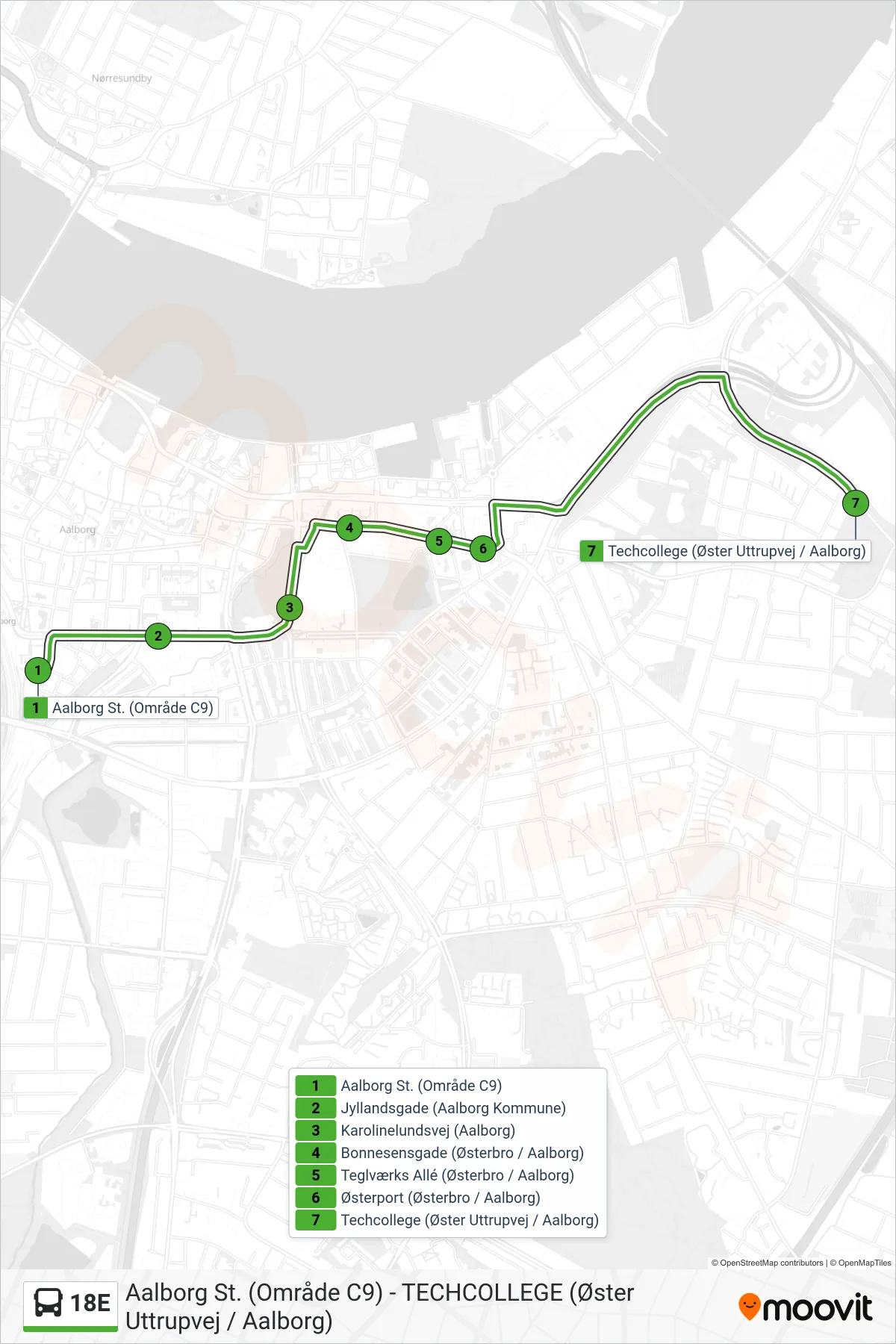 18E bus Linje (Techcollege) rute og stop på et kort