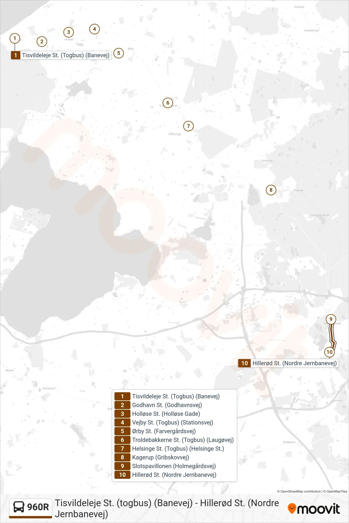960R bus Linje (Hillerød St.) rute og stop på et kort
