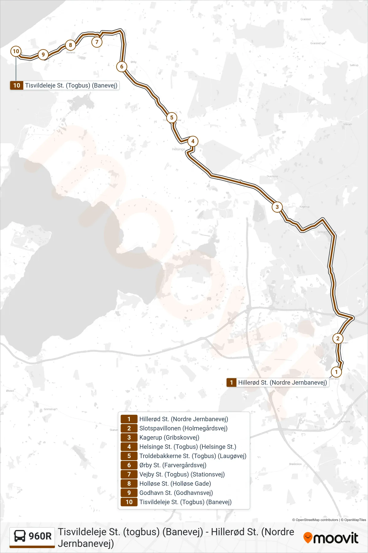 960R bus Linje (Tisvildeleje St.) rute og stop på et kort
