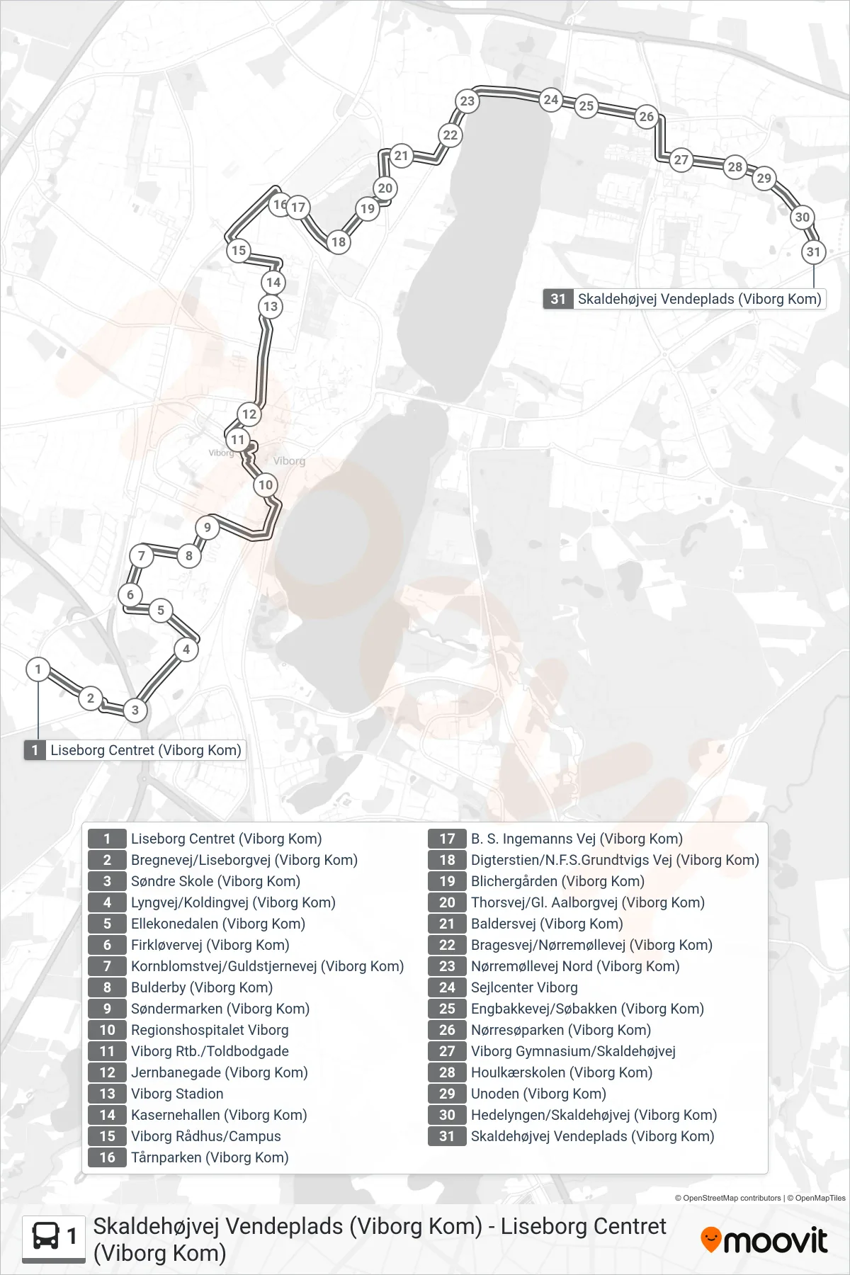1 bus Linje (Skaldehøjvej Vendeplads (Viborg Kom)) rute og stop på et kort