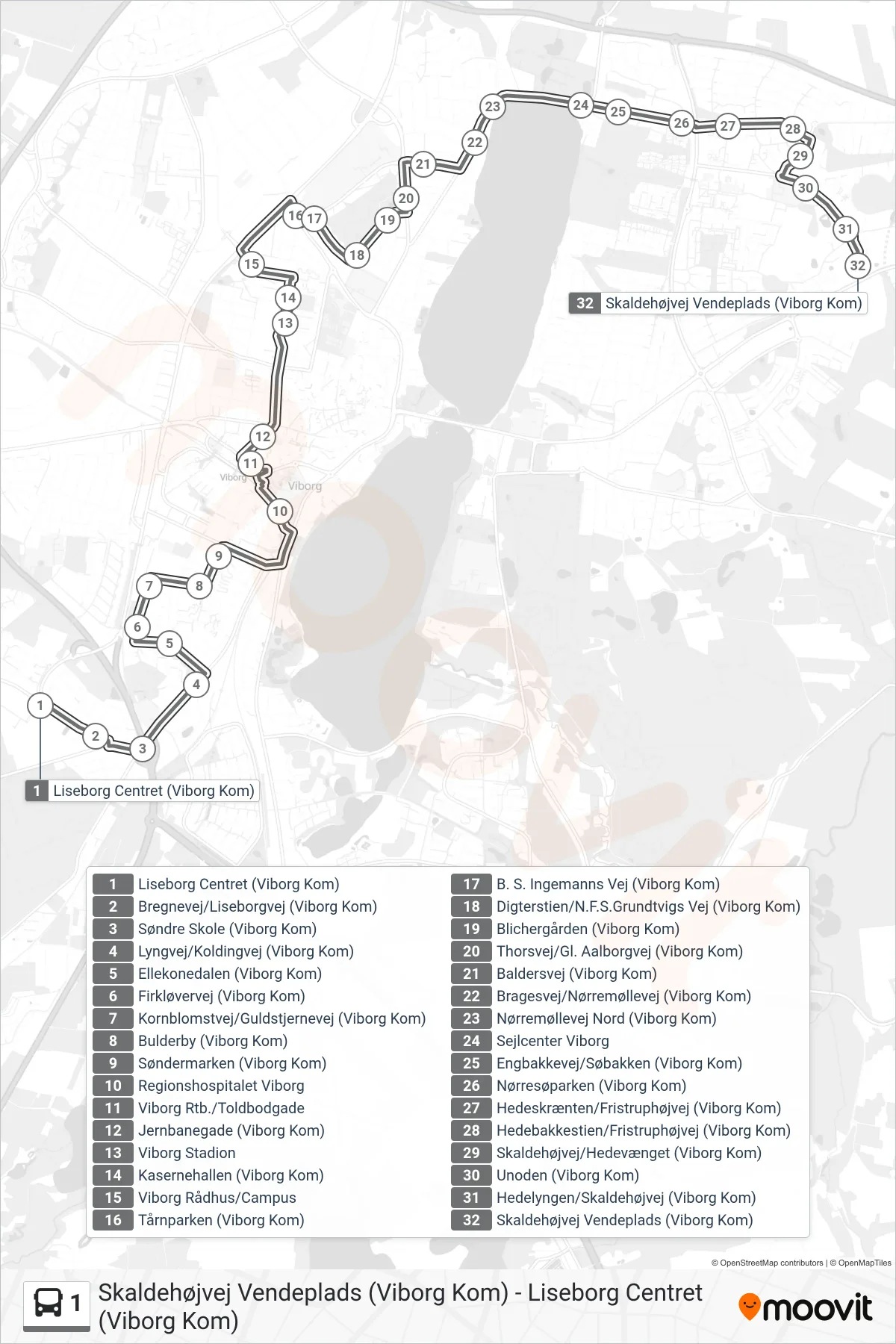 1 bus Linje (Skaldehøj) rute og stop på et kort