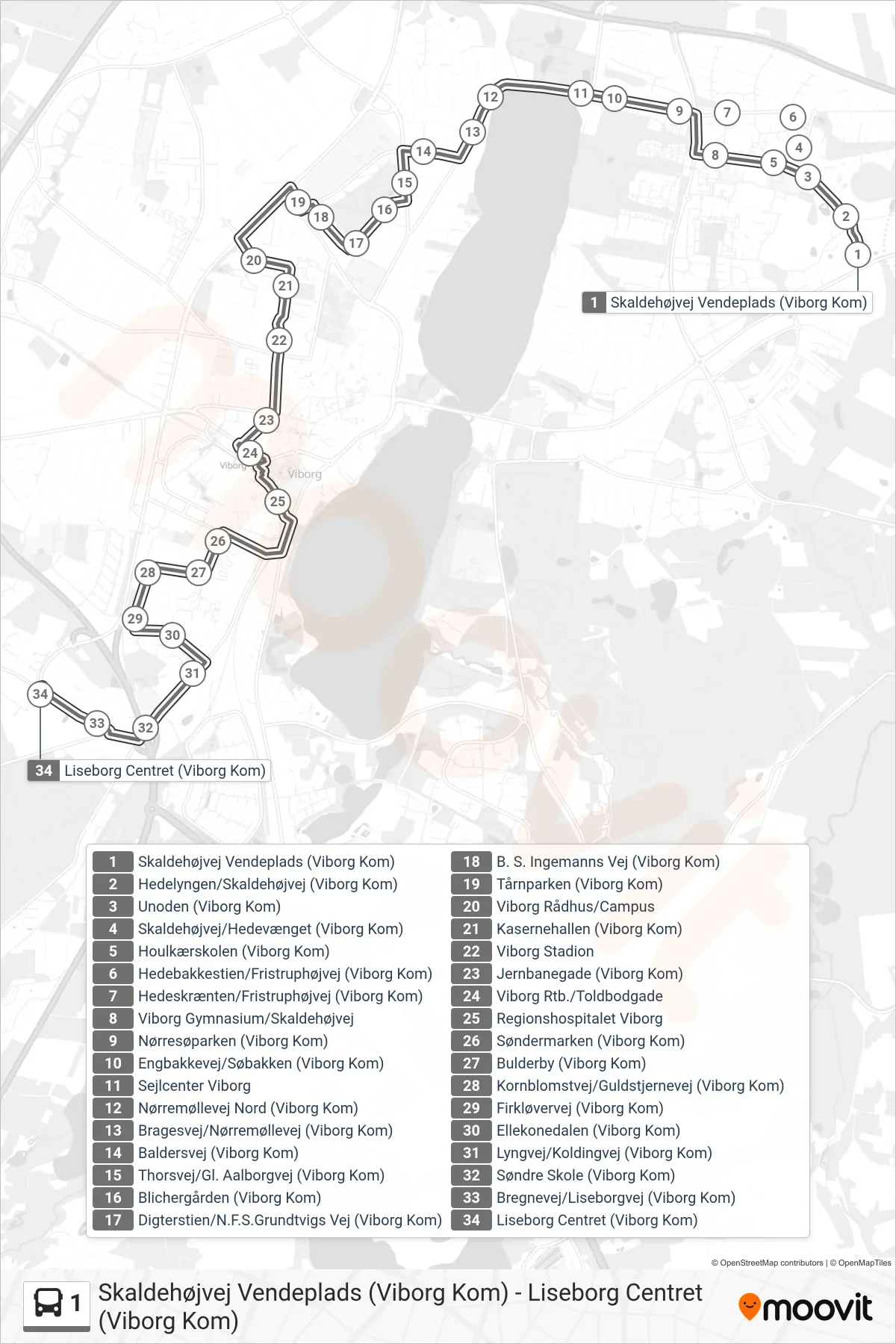 1 bus Linje (Liseborg Centret (Viborg Kom)) rute og stop på et kort