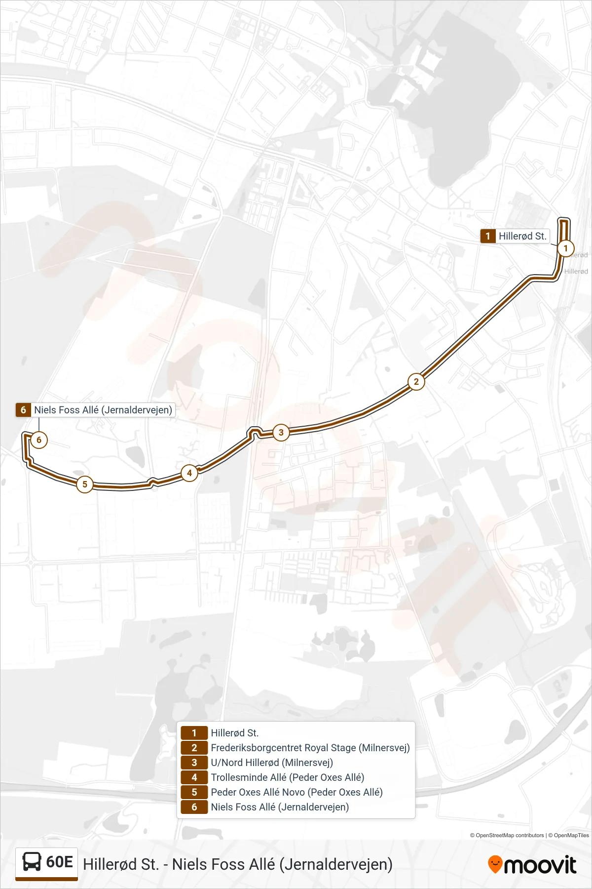 60E bus Linje (Jernaldervejen) rute og stop på et kort