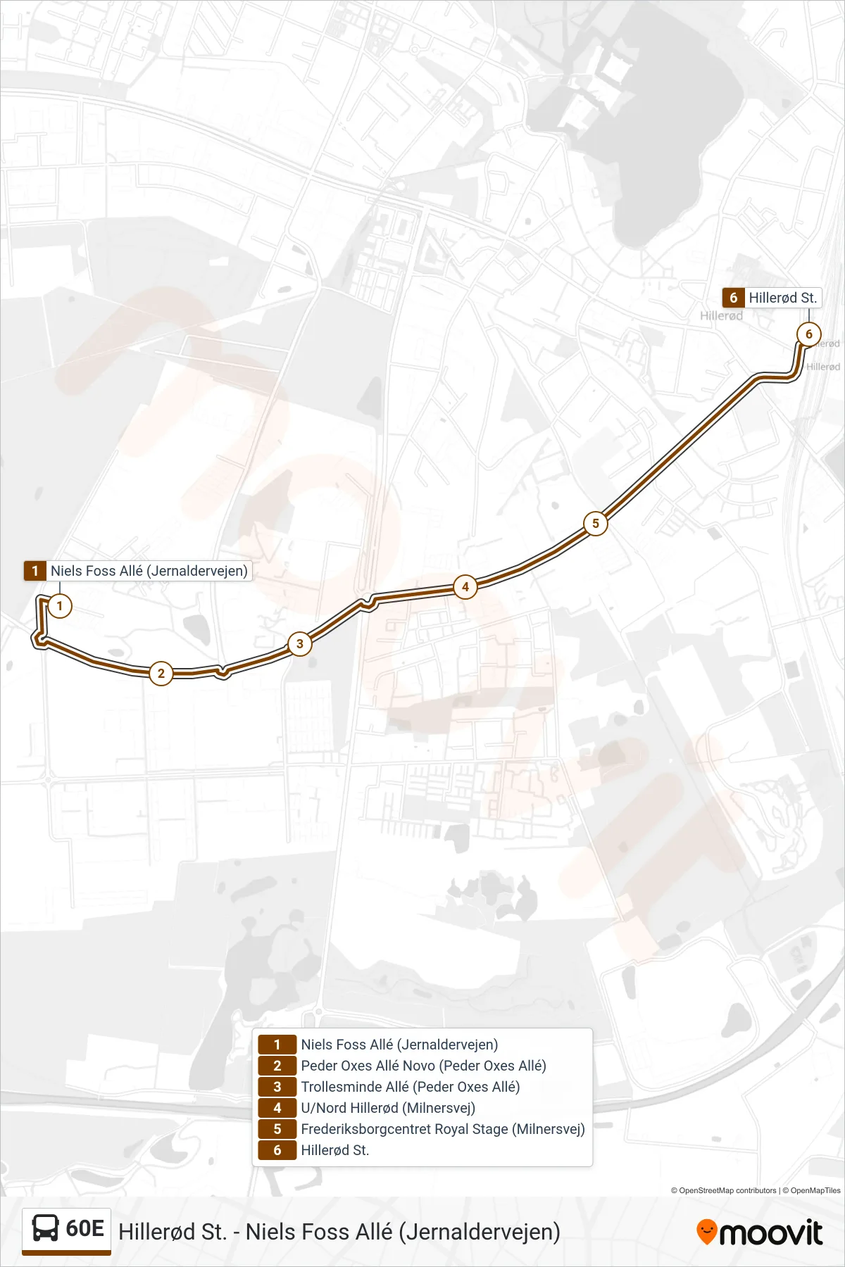 60E bus Linje (Hillerød St.) rute og stop på et kort