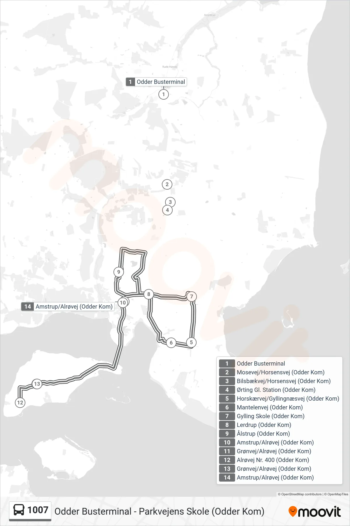 1007 bus Linje (Gylling Skole (Odder Kom)) rute og stop på et kort