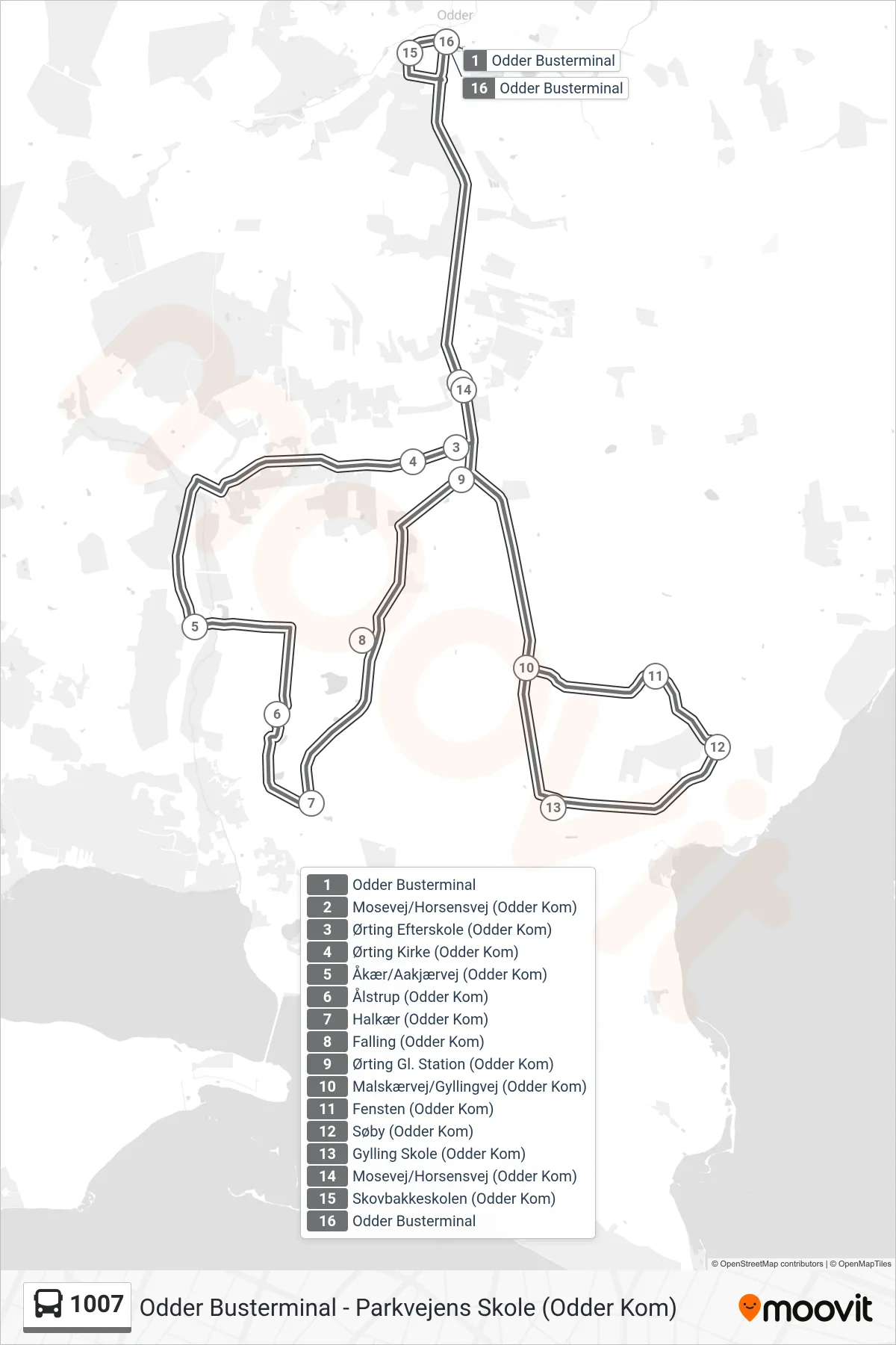 1007 bus Linje (Odder Busterminal) rute og stop på et kort