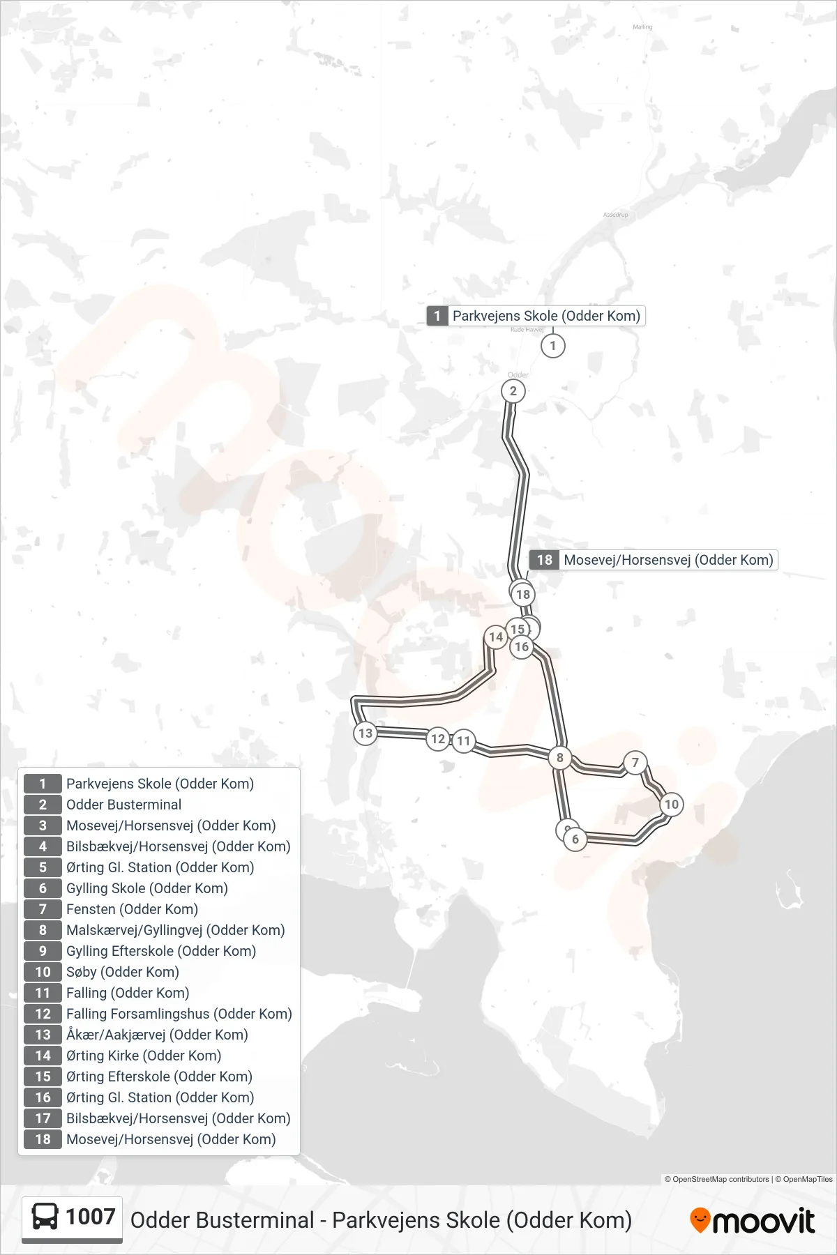1007 bus Linje (Odder Busterminal) rute og stop på et kort