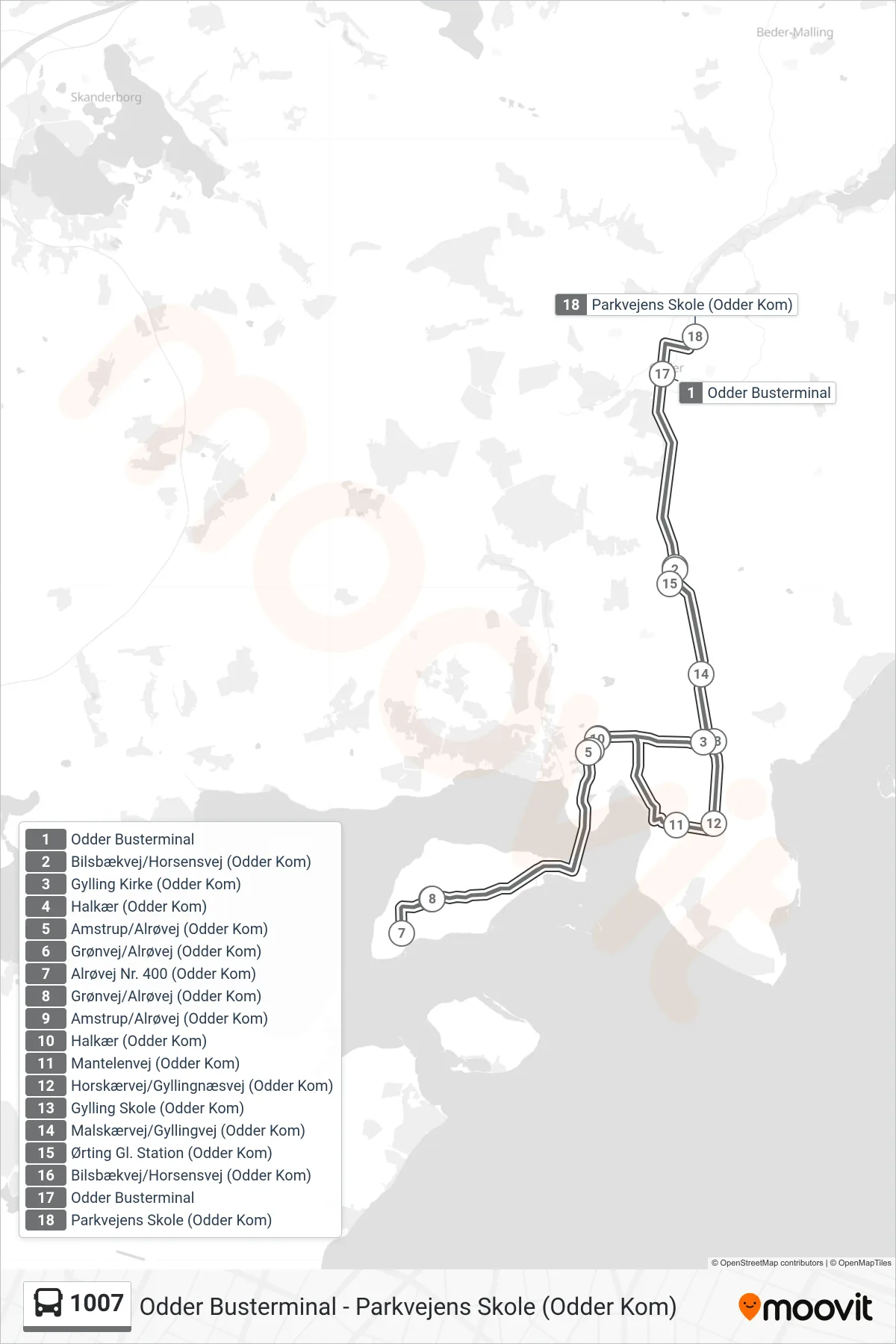 1007 bus Linje (Parkvejens Skole (Odder Kom)) rute og stop på et kort