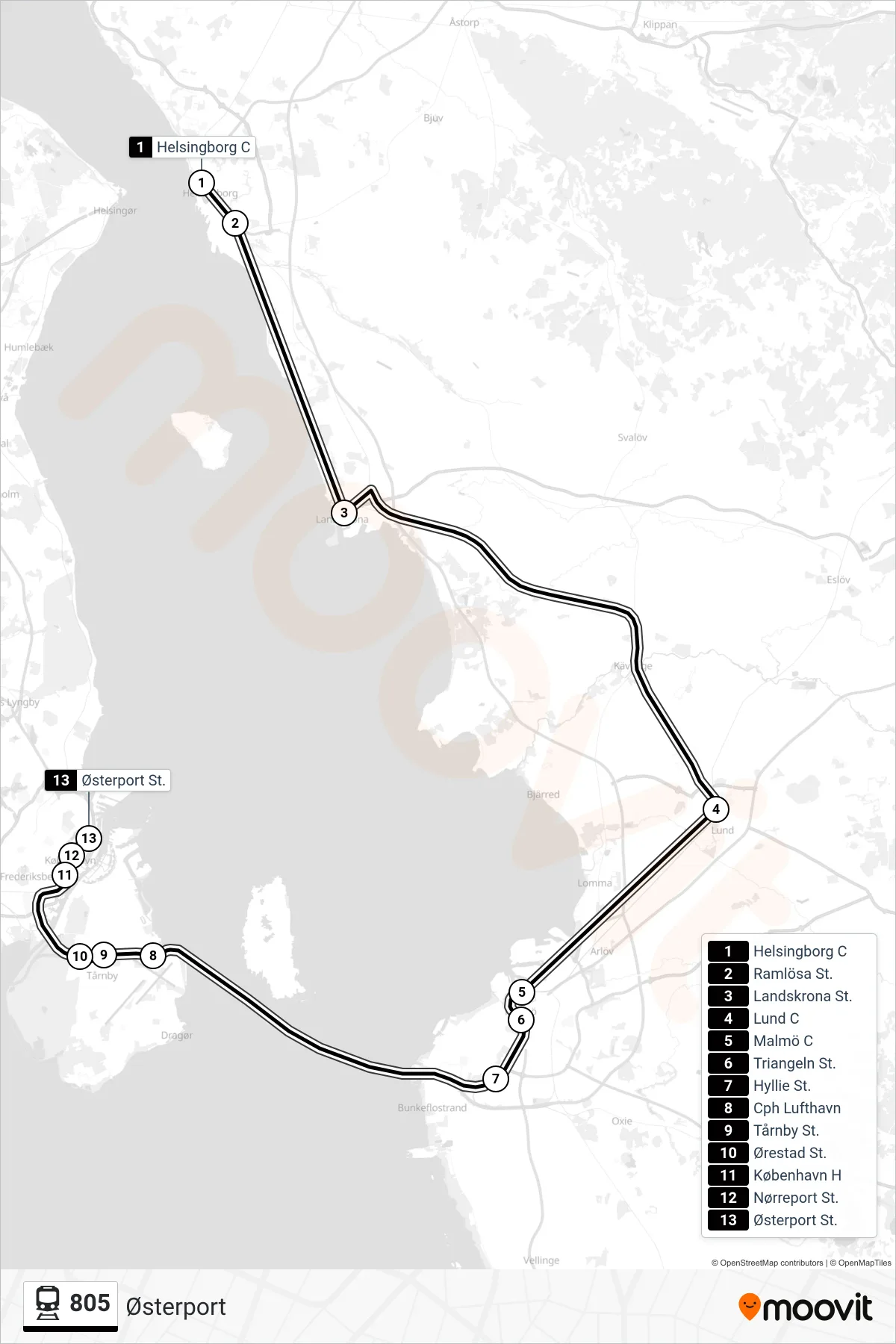 805 jernbane Linje (Østerport) rute og stop på et kort