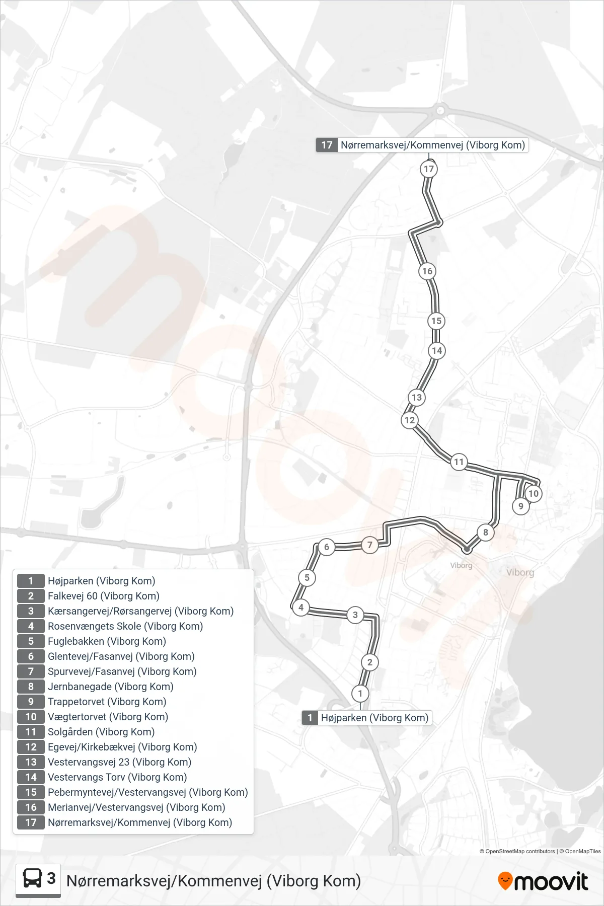 3 bus Linje (Nørremarksvej/Kommenvej (Viborg Kom)) rute og stop på et kort