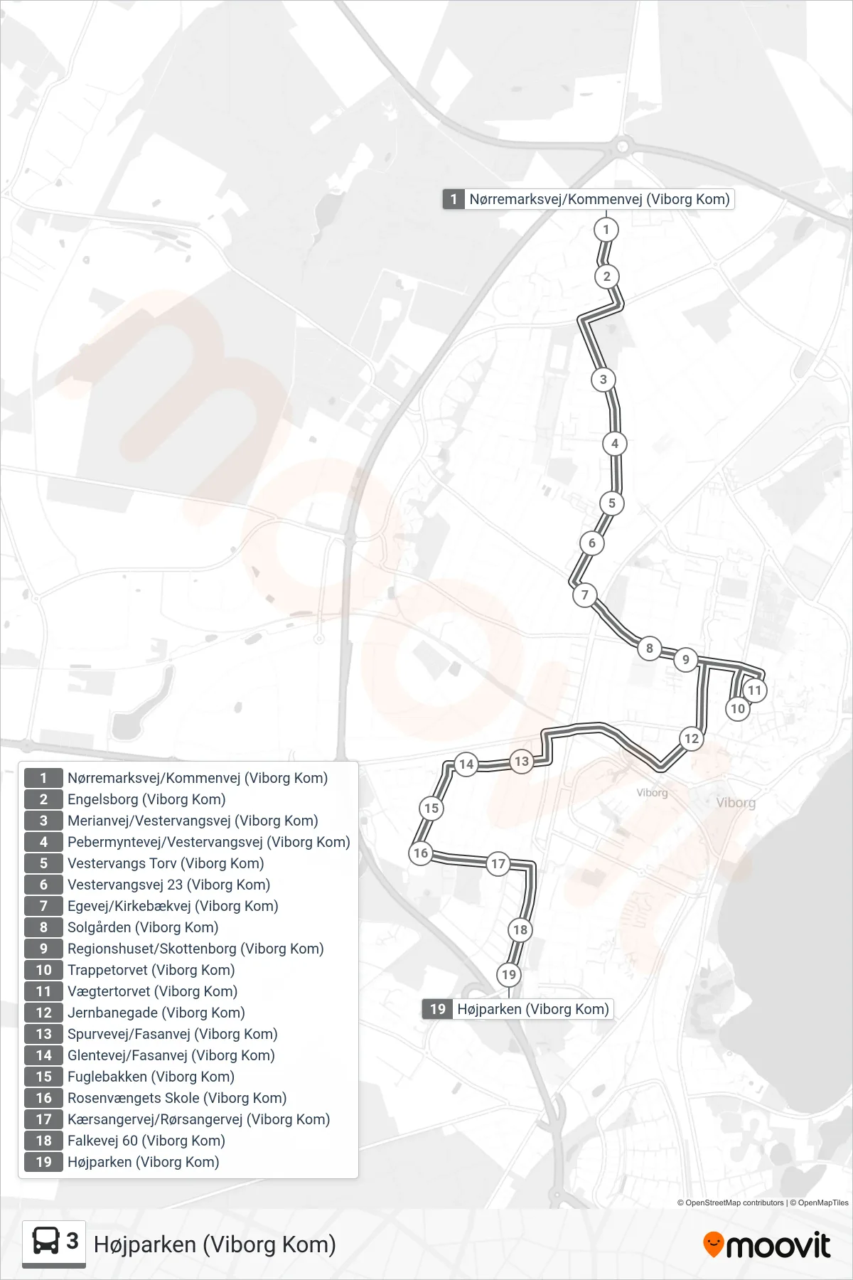 3 bus Linje (Højparken (Viborg Kom)) rute og stop på et kort