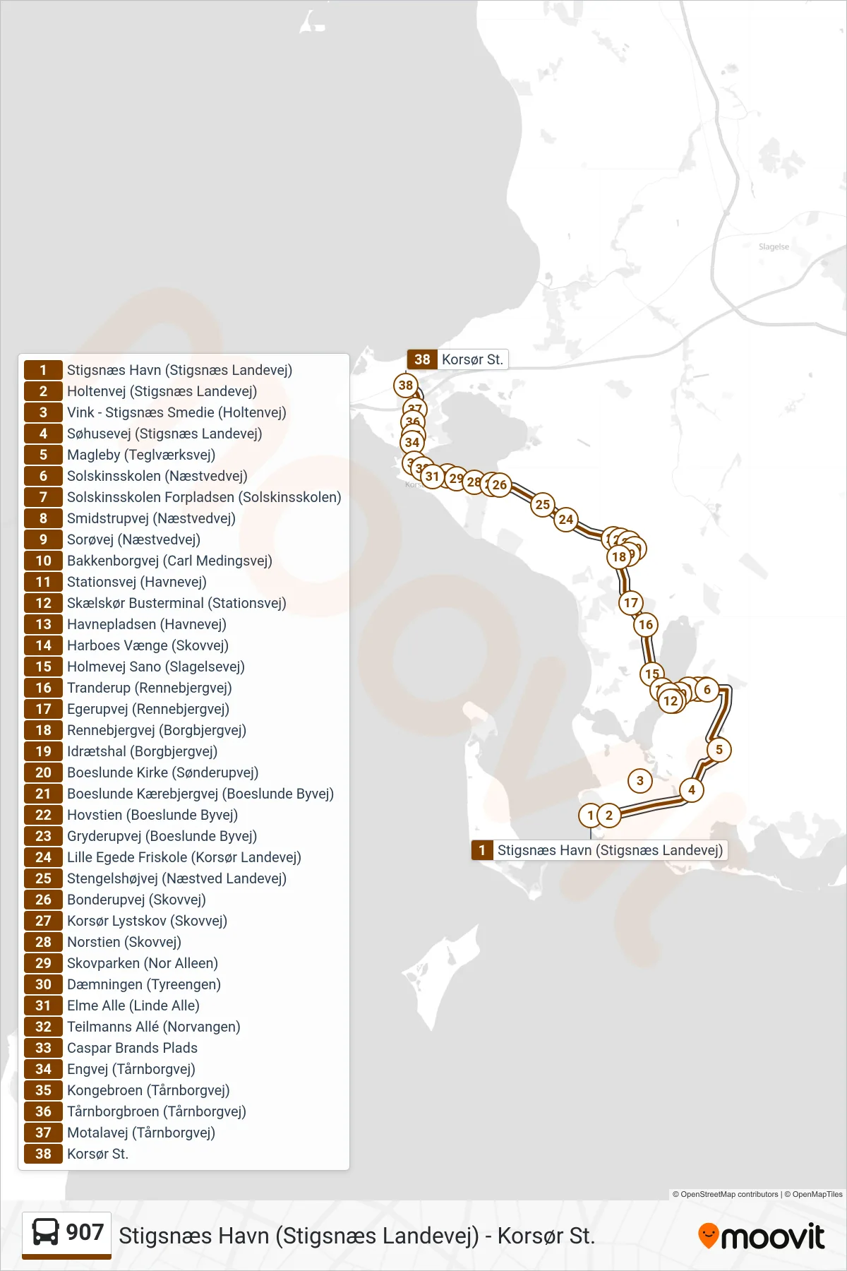 907 bus Linje (Korsør St.) rute og stop på et kort