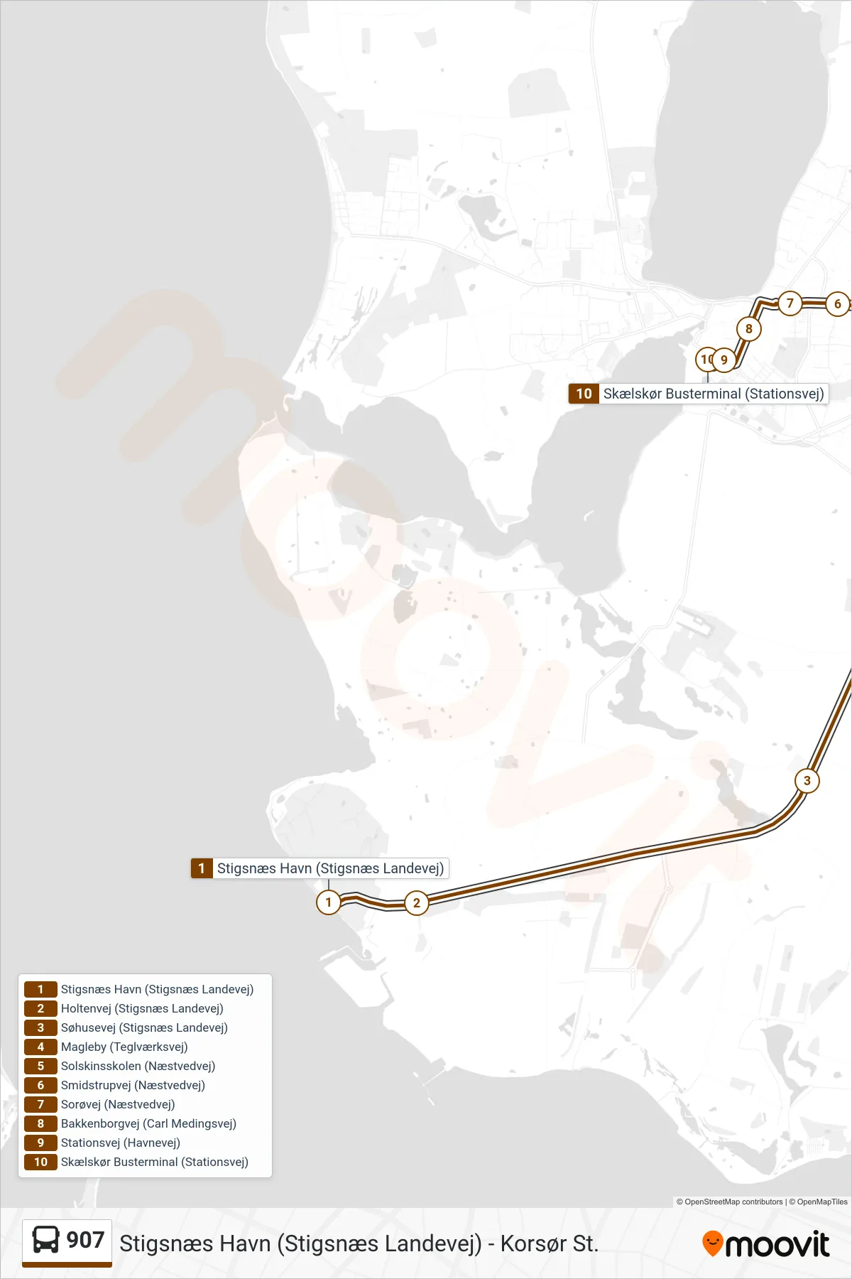907 bus Line (Skælskør Busterminal) route and stops on a map