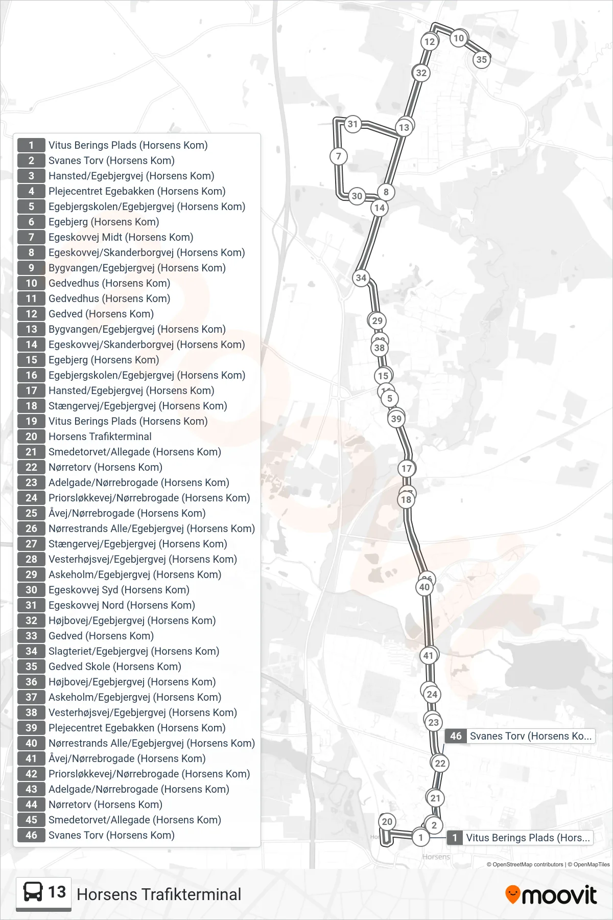 13 bus Linje (Horsens Trafikterminal) rute og stop på et kort