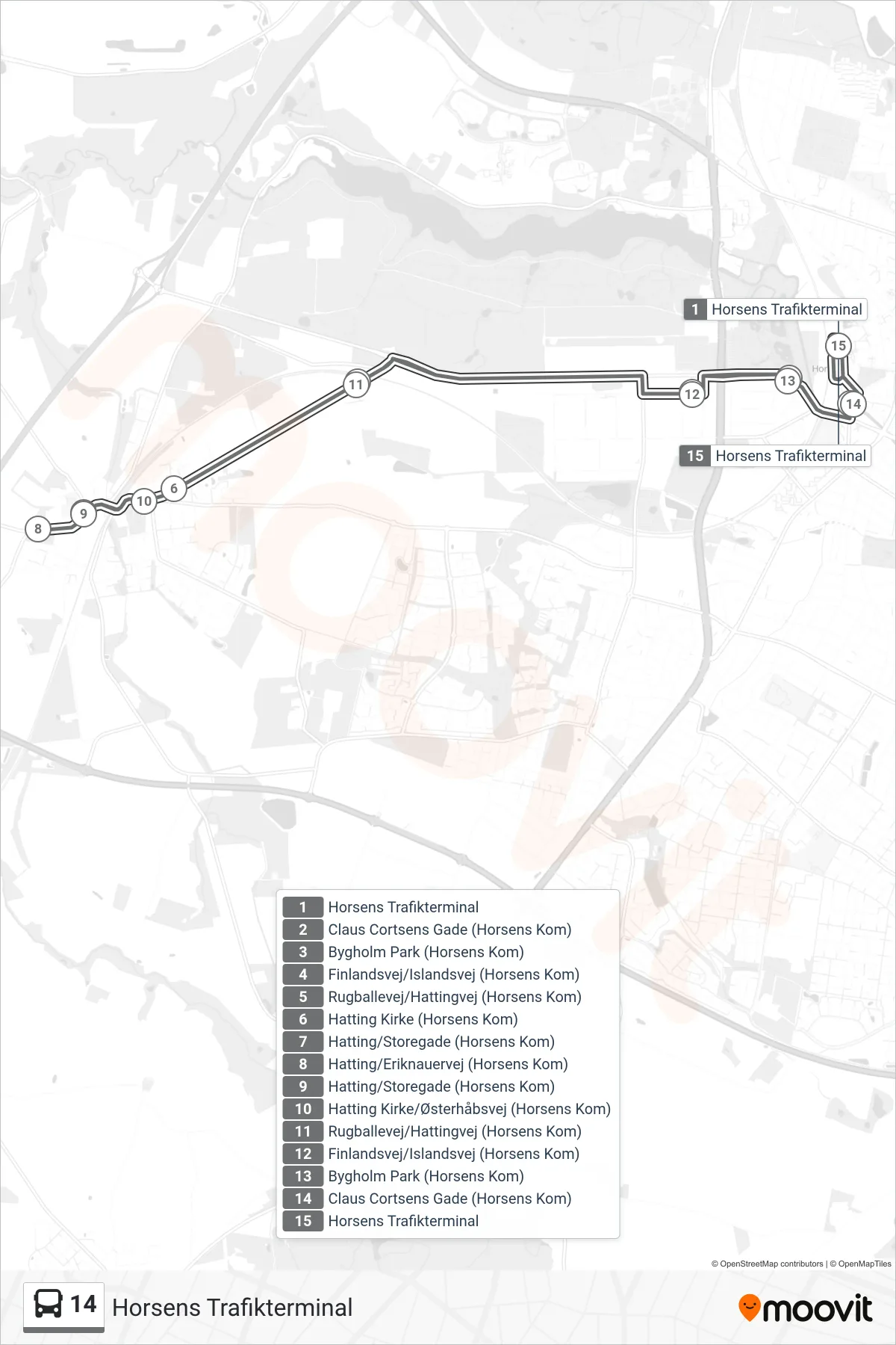 14 bus Linje (Horsens Trafikterminal) rute og stop på et kort