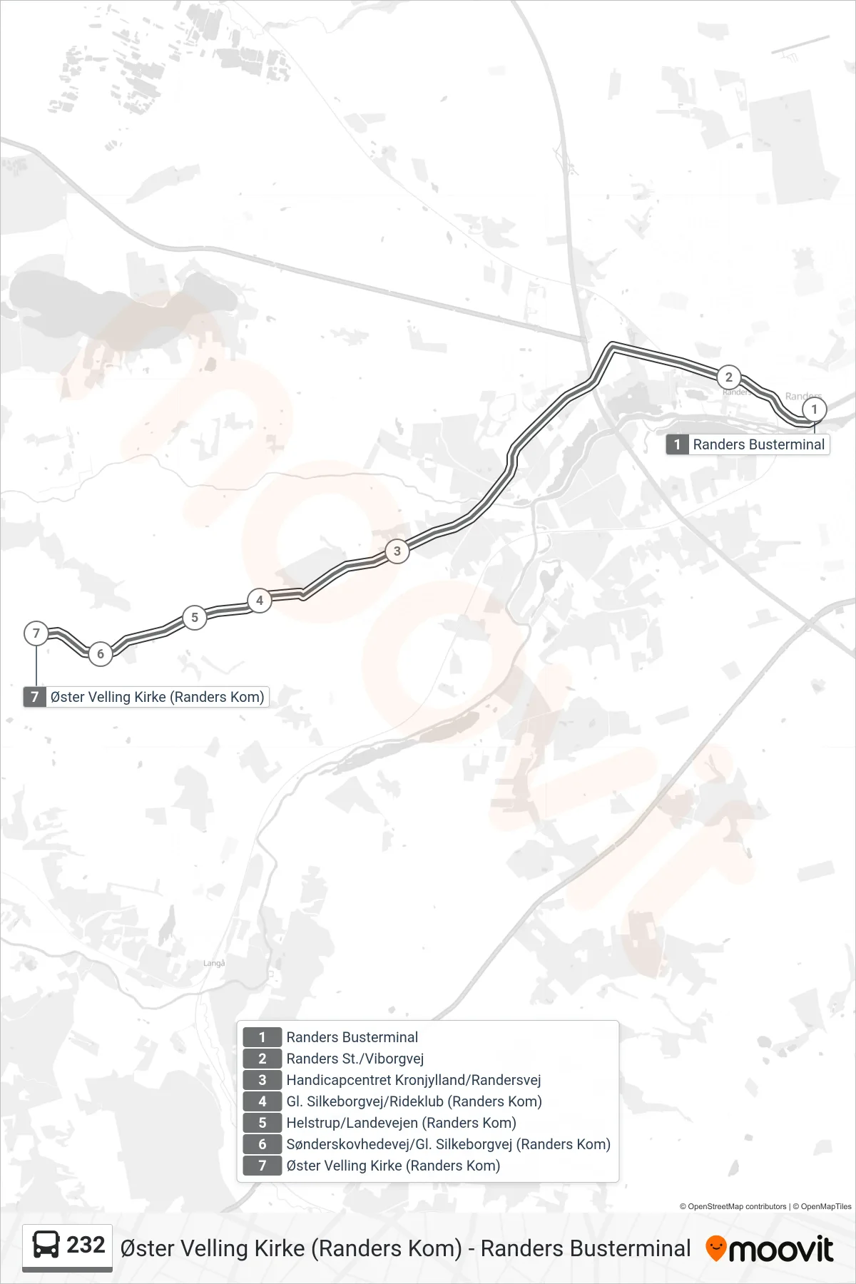 232 bus Line (Øster Velling Kirke (Randers Kom)) route and stops on a map