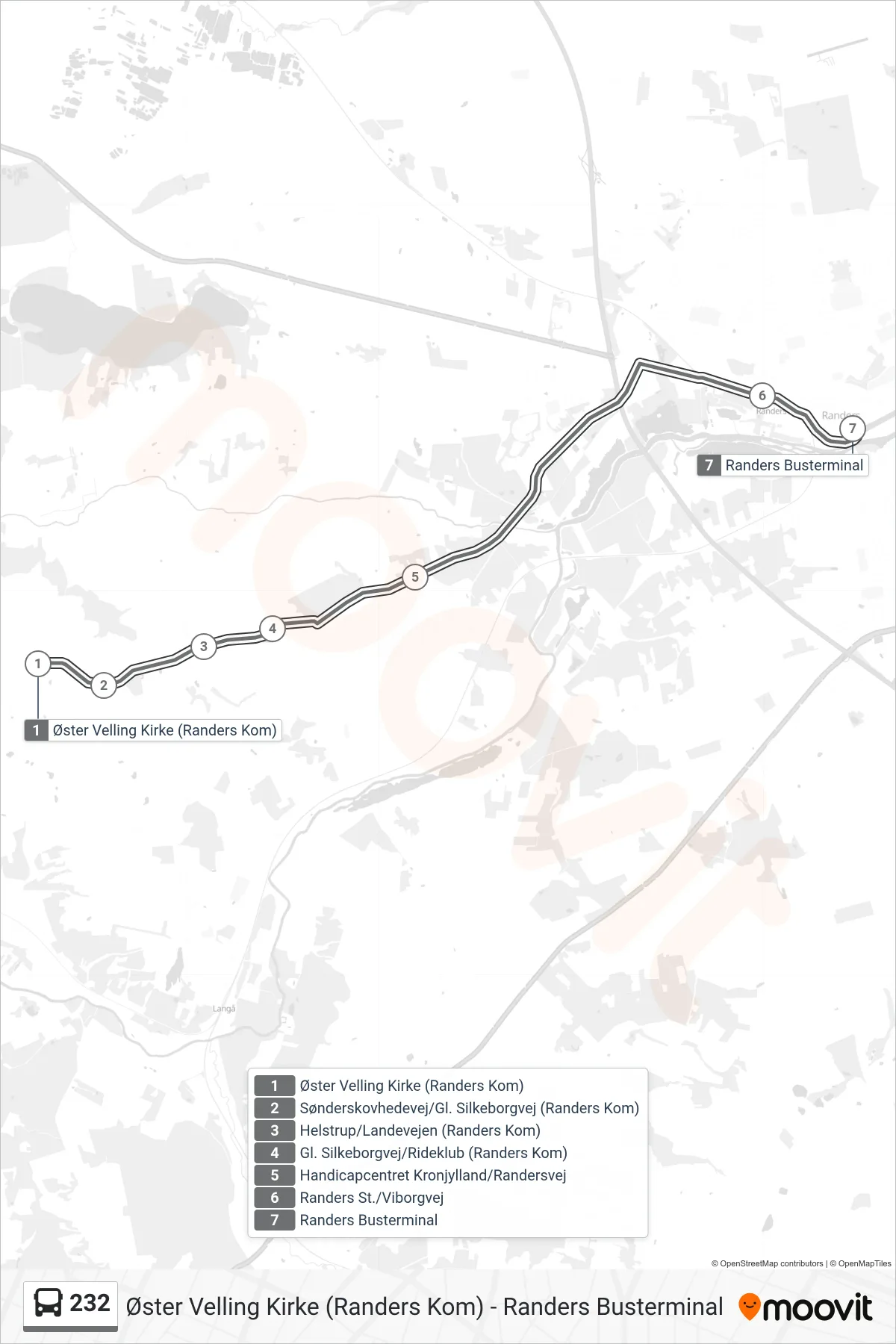 232 bus Linje (Randers Busterminal) rute og stop på et kort