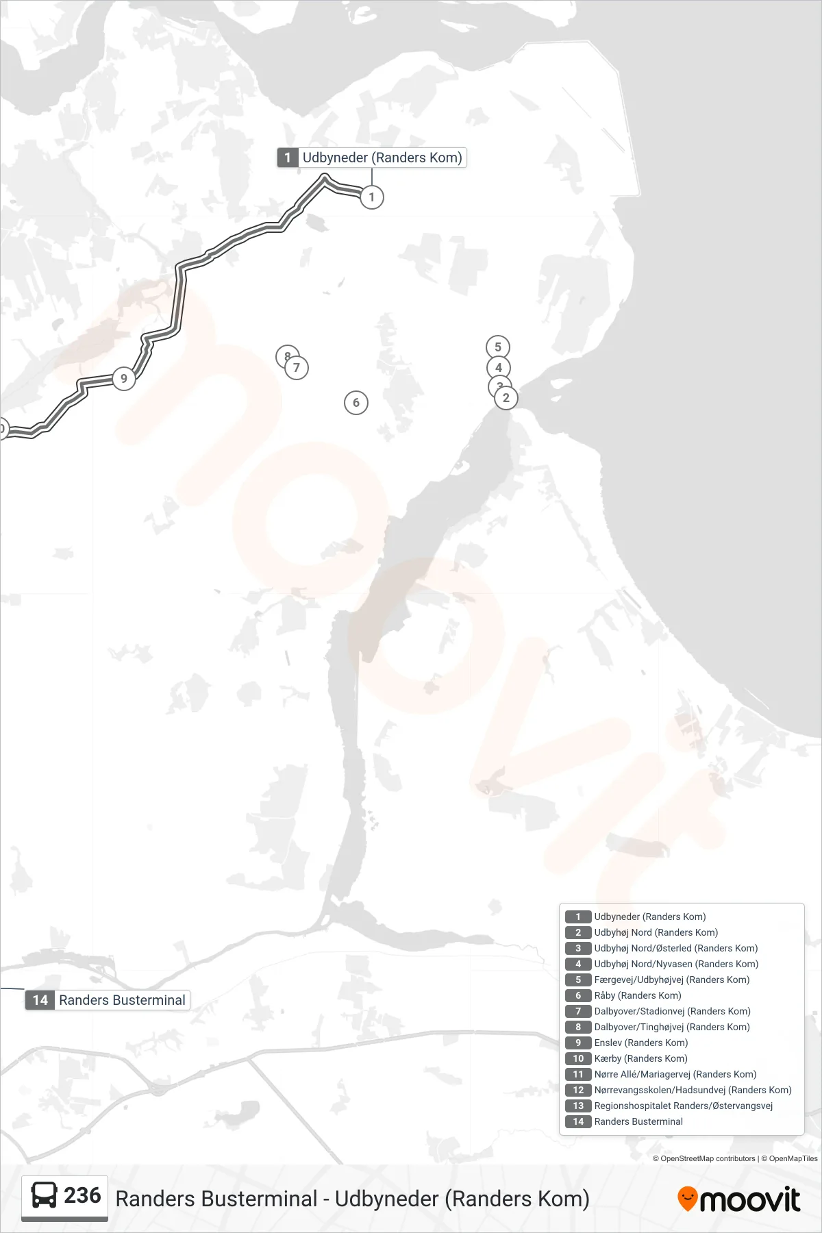 236 bus Linje (Randers Busterminal) rute og stop på et kort