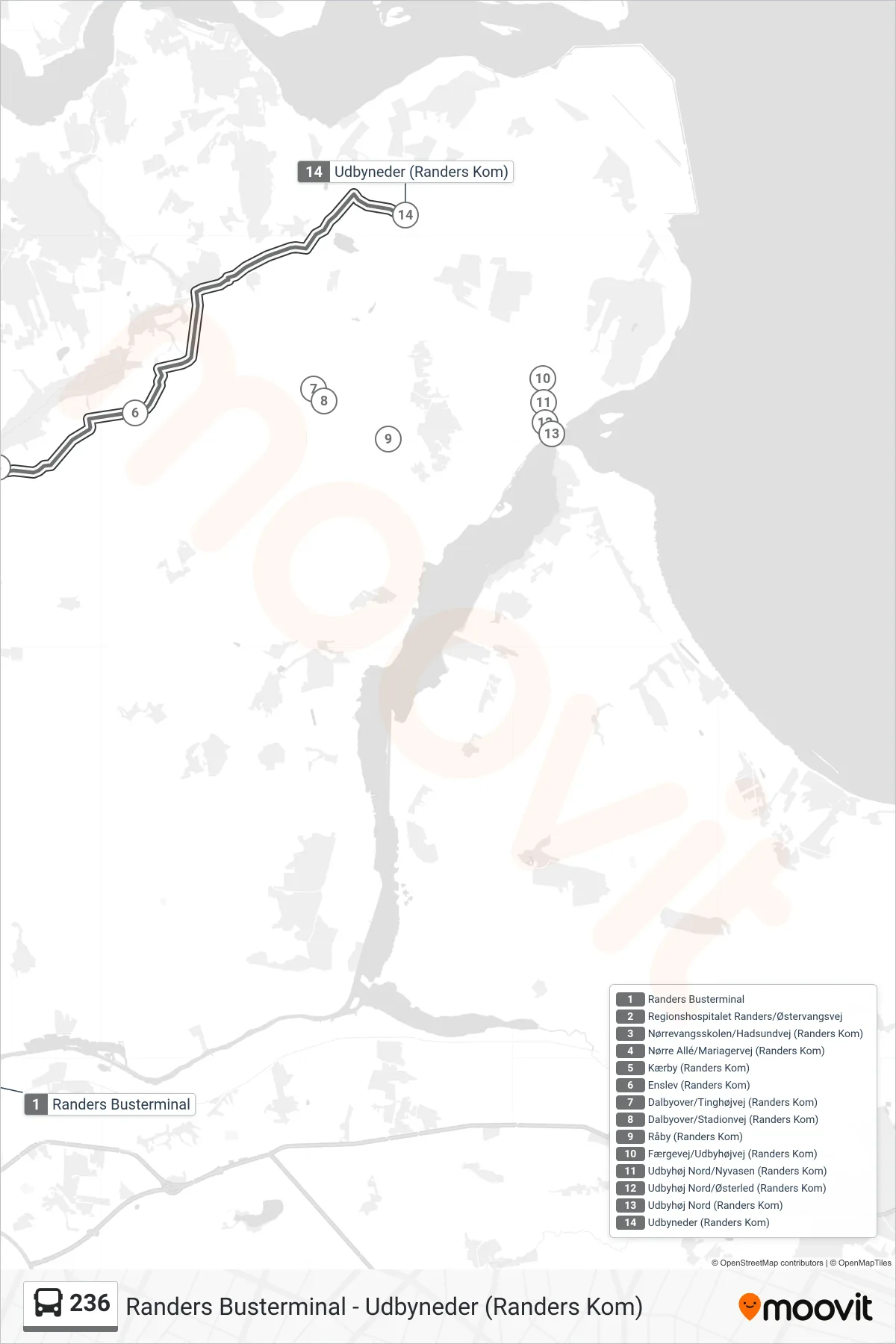 236 bus Linje (Udbyneder (Randers Kom)) rute og stop på et kort