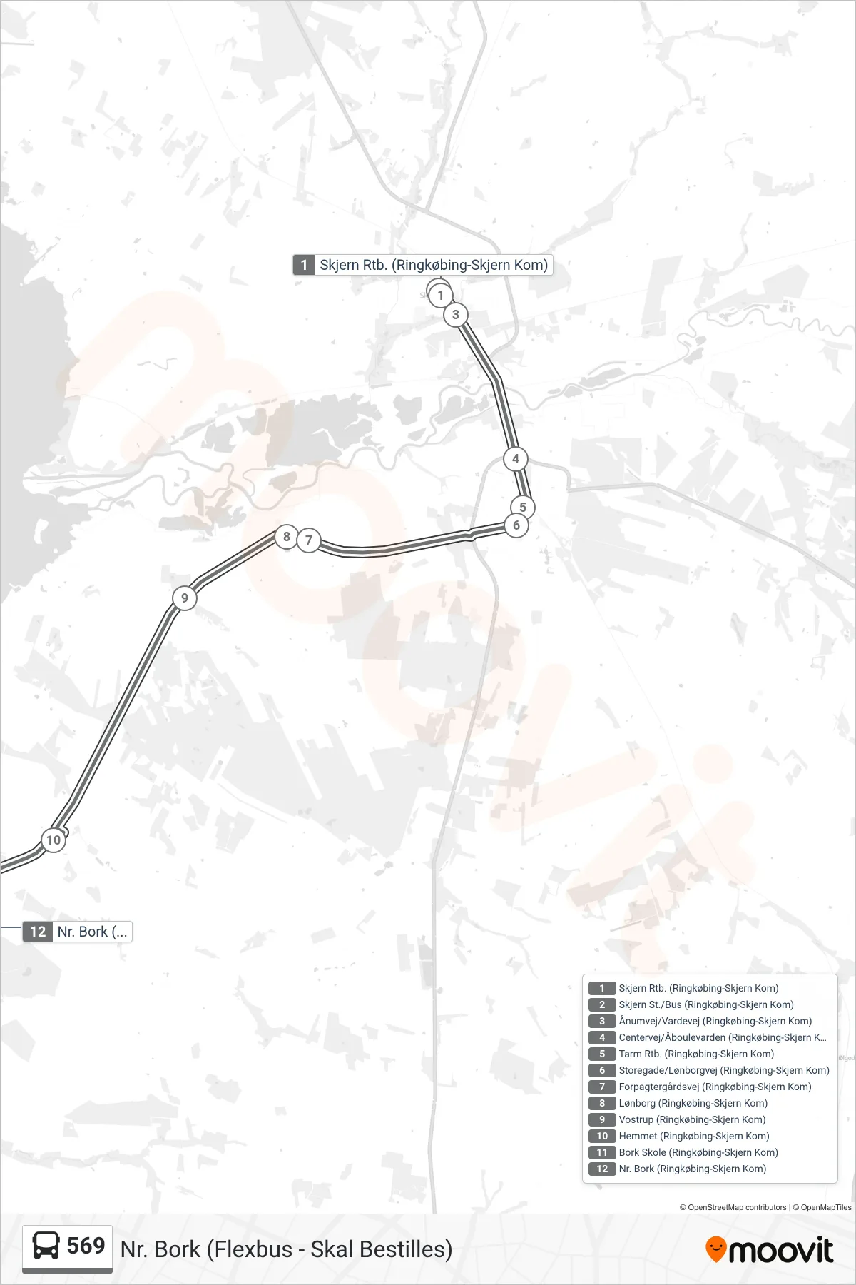 569 bus Linje (Nr. Bork (Flexbus - Skal Bestilles)) rute og stop på et kort