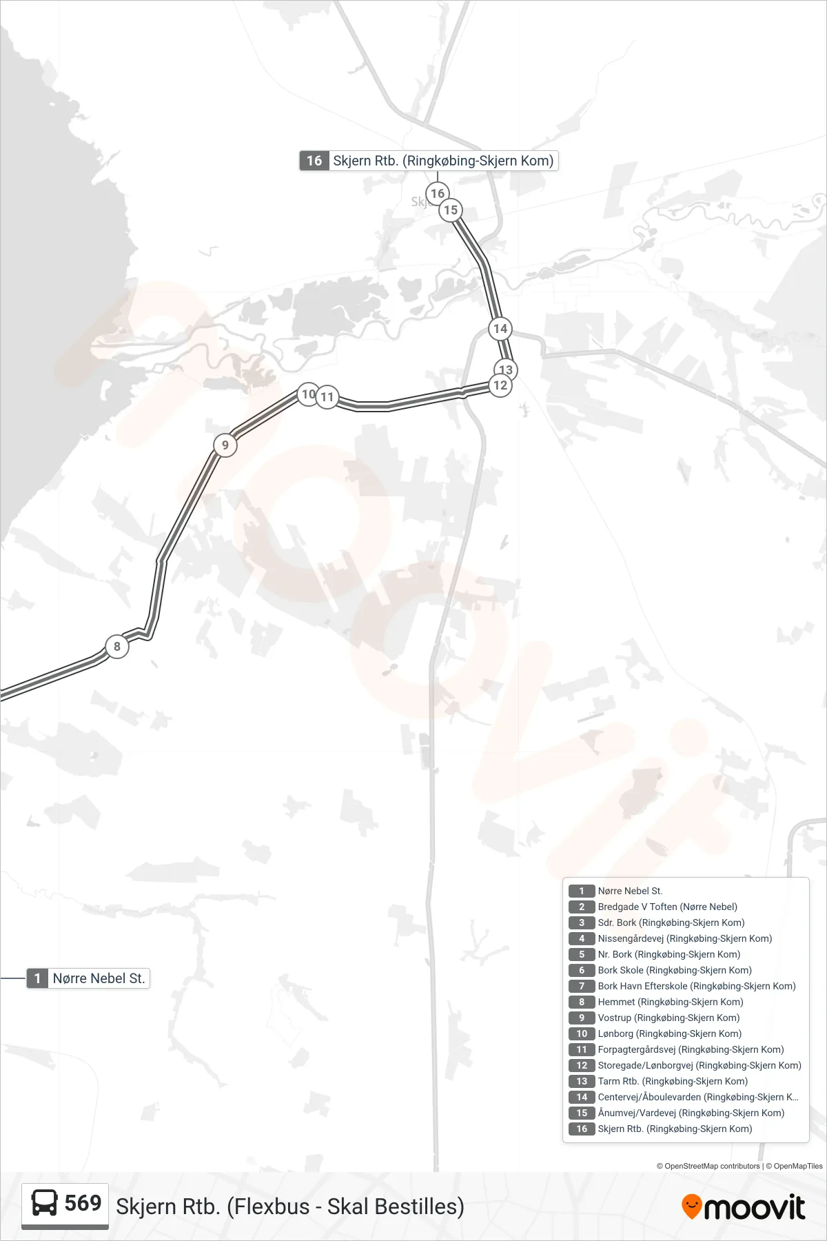 569 bus Linje (Skjern Rtb. (Flexbus - Skal Bestilles)) rute og stop på et kort