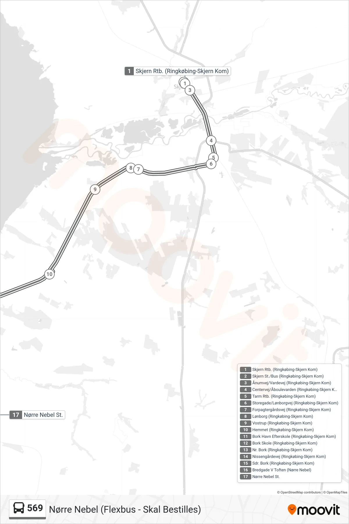 569 bus Linje (Nørre Nebel (Flexbus - Skal Bestilles)) rute og stop på et kort