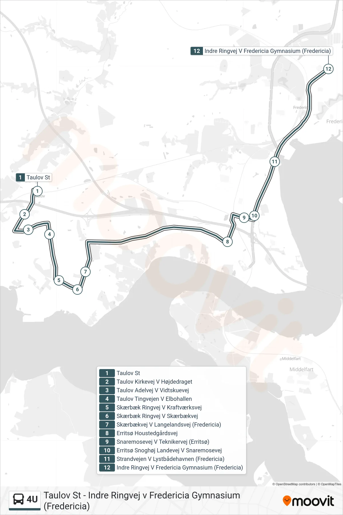 4U bus Linje (Gymnasiet) rute og stop på et kort