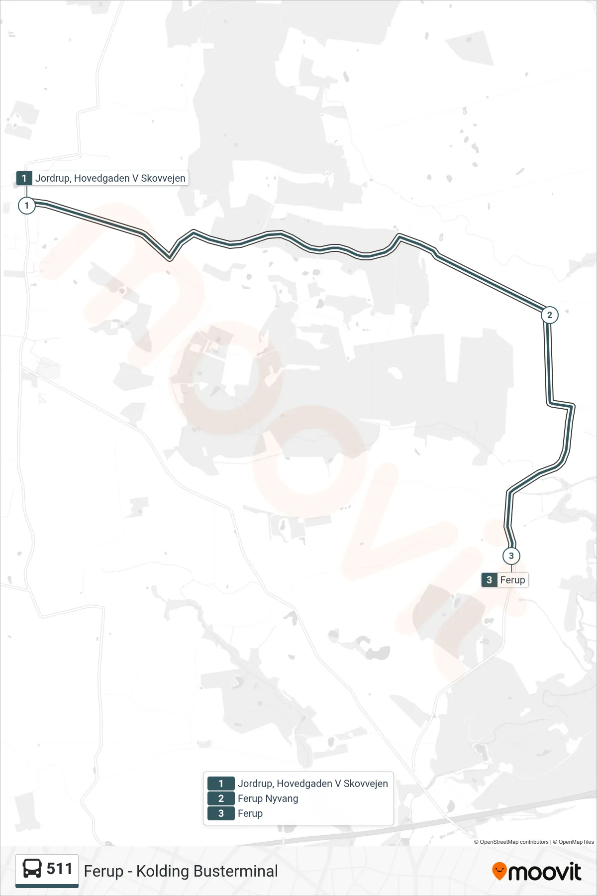 511 bus Linje (Ferup) rute og stop på et kort