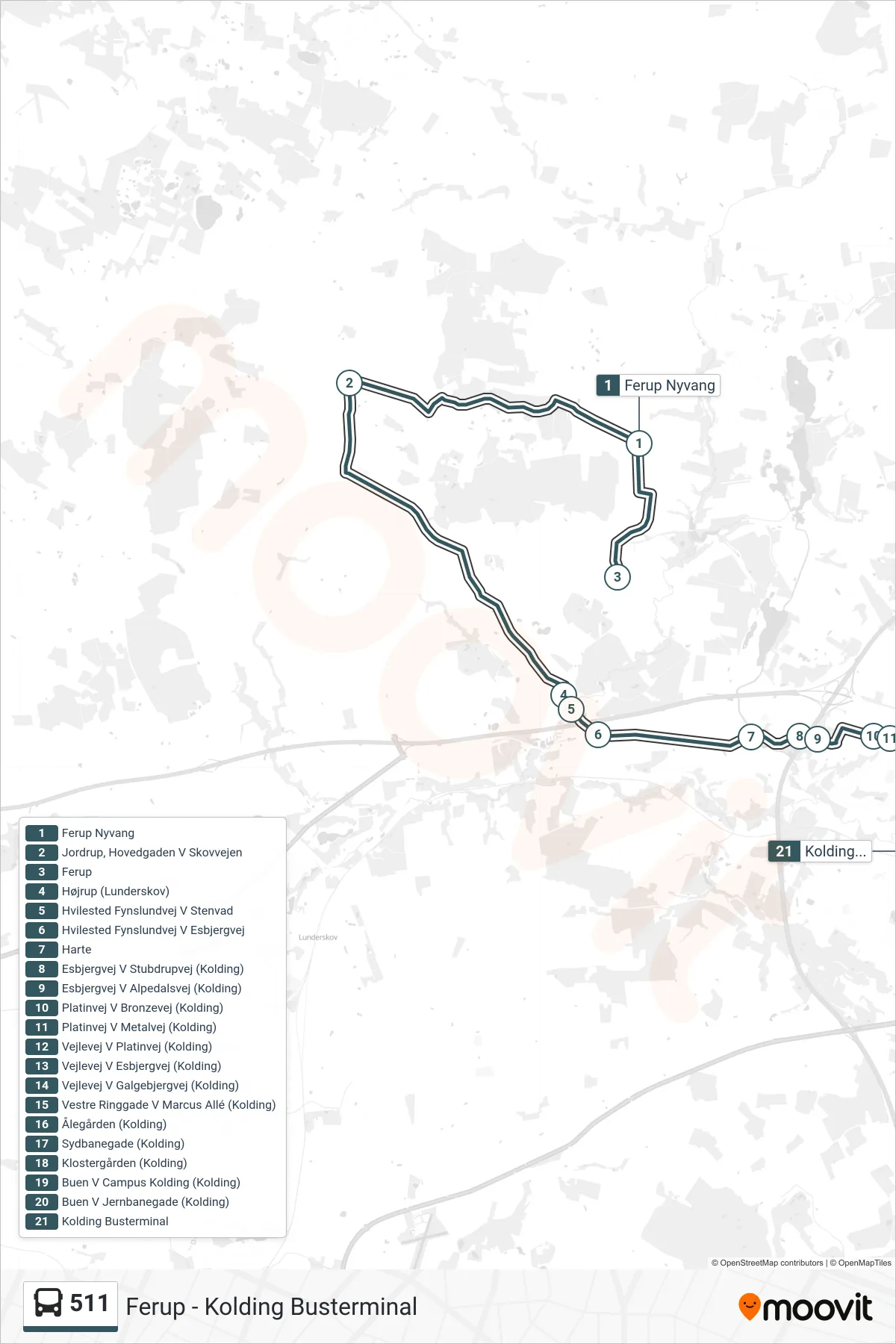 511 bus Linje (Kolding Busterminal) rute og stop på et kort