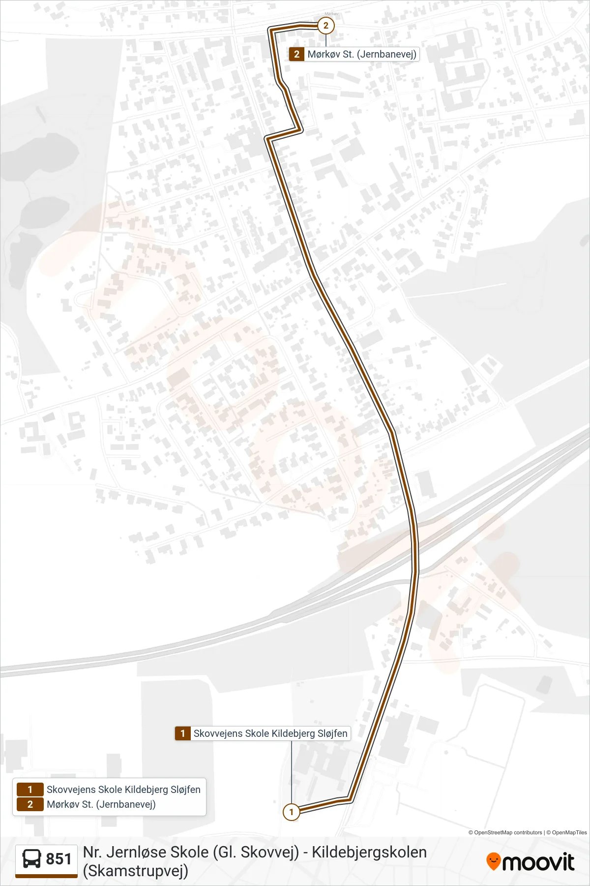 851 bus Linje (Mørkøv St.) rute og stop på et kort