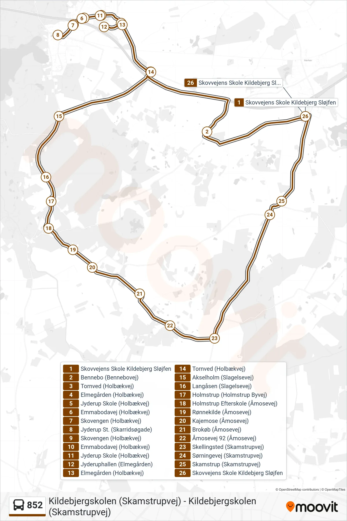 852 bus Linje (Kildebjergskolen (Skamstrupvej)) rute og stop på et kort