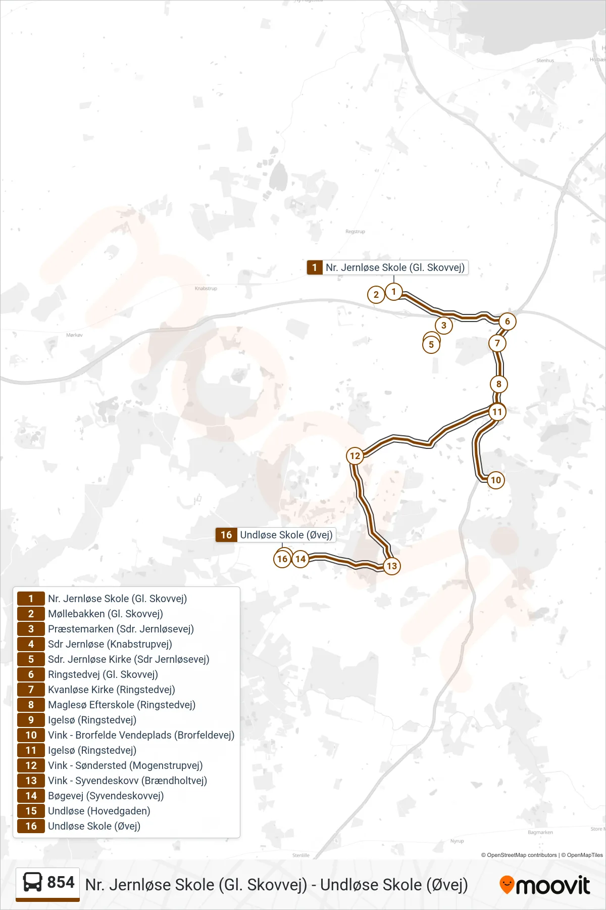 854 bus Linje (Undløse Skole) rute og stop på et kort