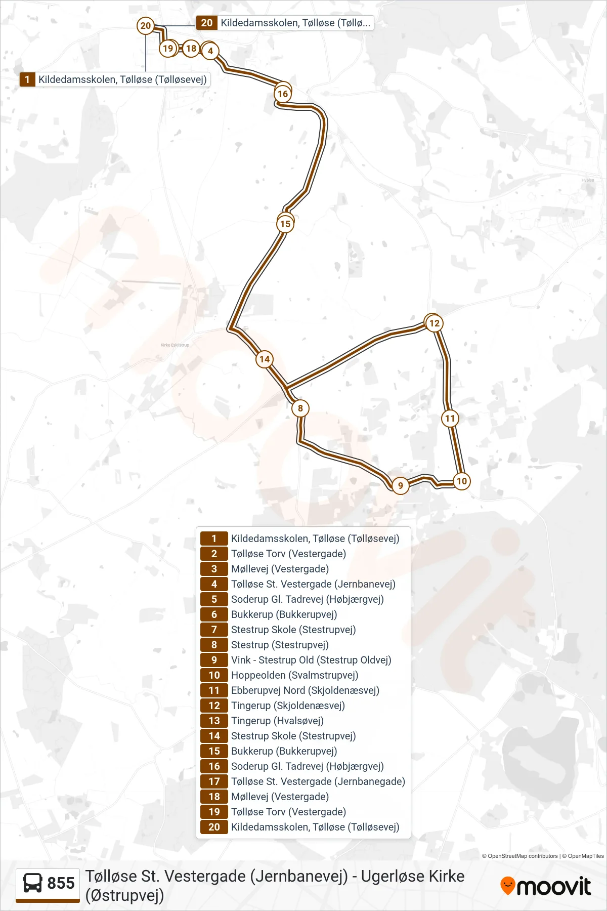 855 bus Linje (Tølløse Kildedamsskolen) rute og stop på et kort