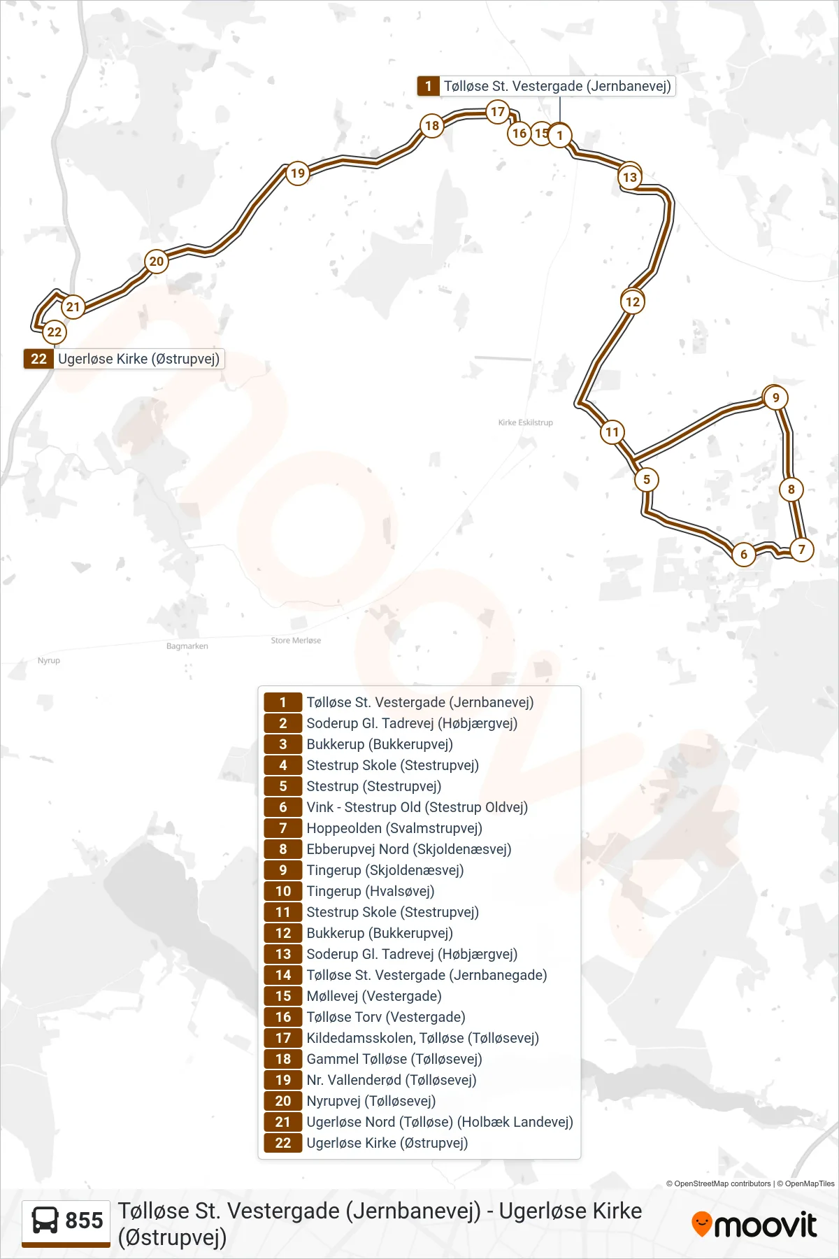 855 bus Linje (Ugerløse Syd) rute og stop på et kort