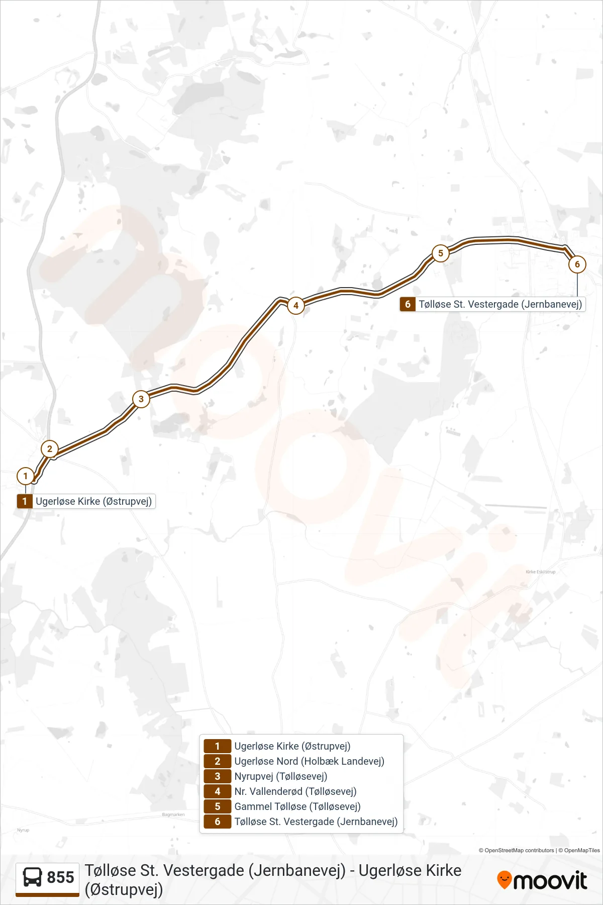 855 bus Linje (Tølløse St.) rute og stop på et kort