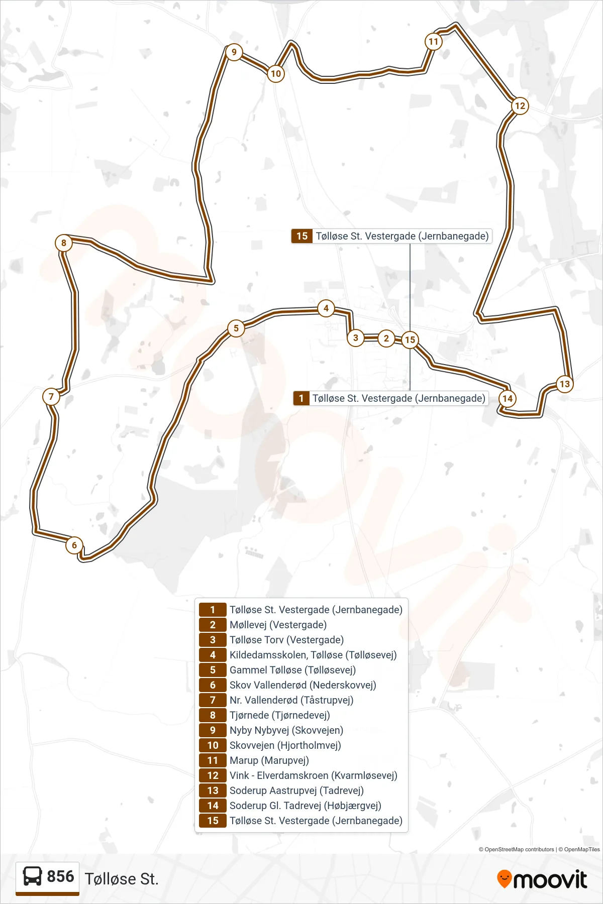 856 bus Linje (Tølløse St.) rute og stop på et kort