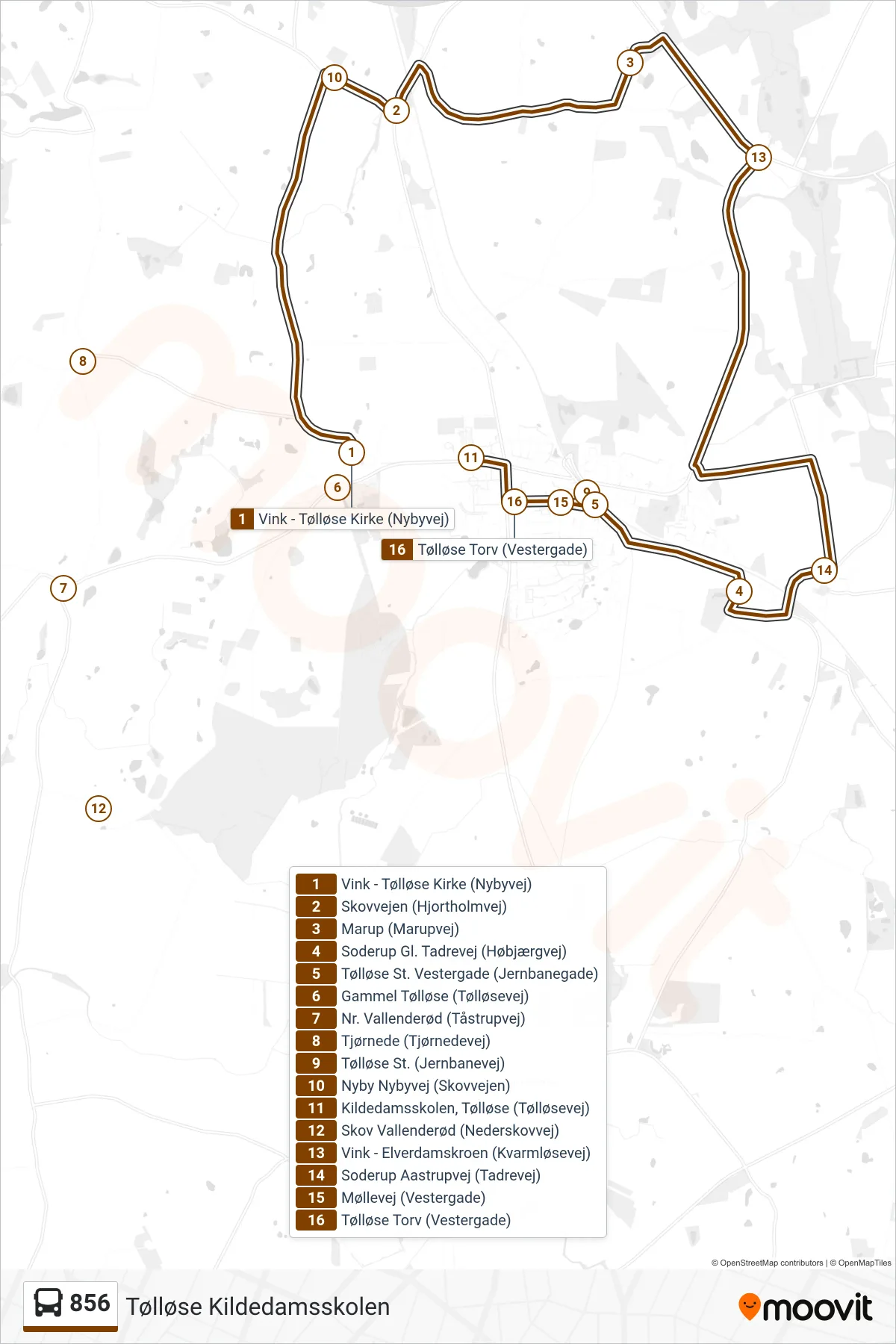 856 bus Linje (Tølløse Kildedamsskolen) rute og stop på et kort