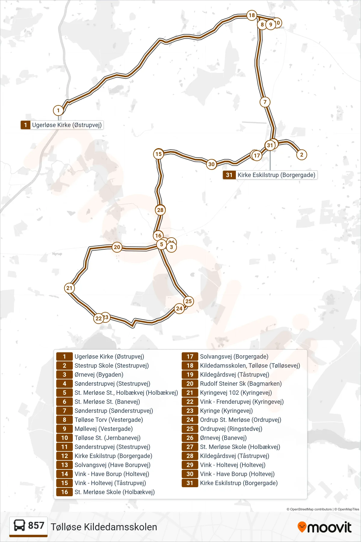857 bus Linje (Tølløse Kildedamsskolen) rute og stop på et kort