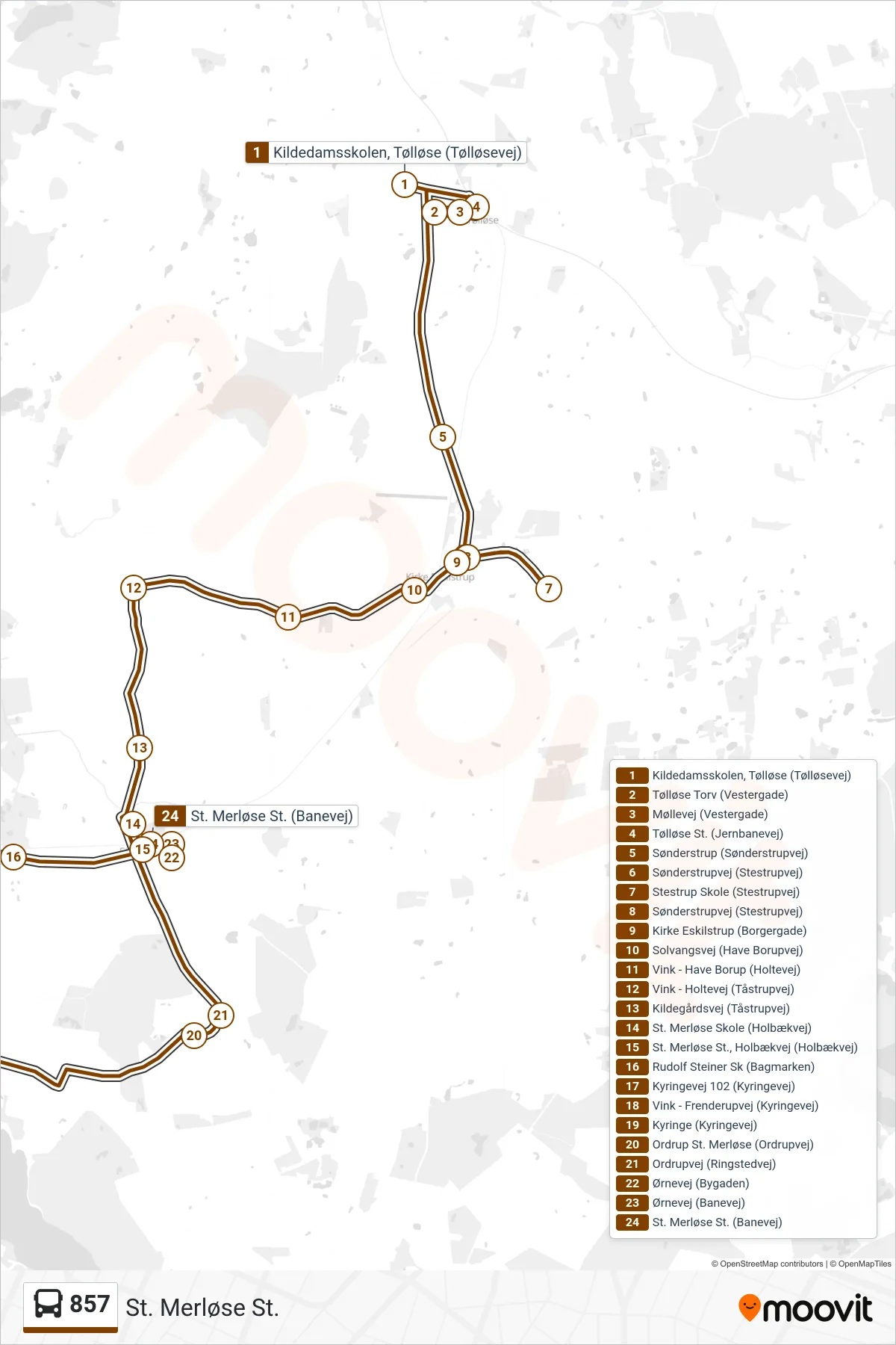 857 bus Linje (St. Merløse St.) rute og stop på et kort