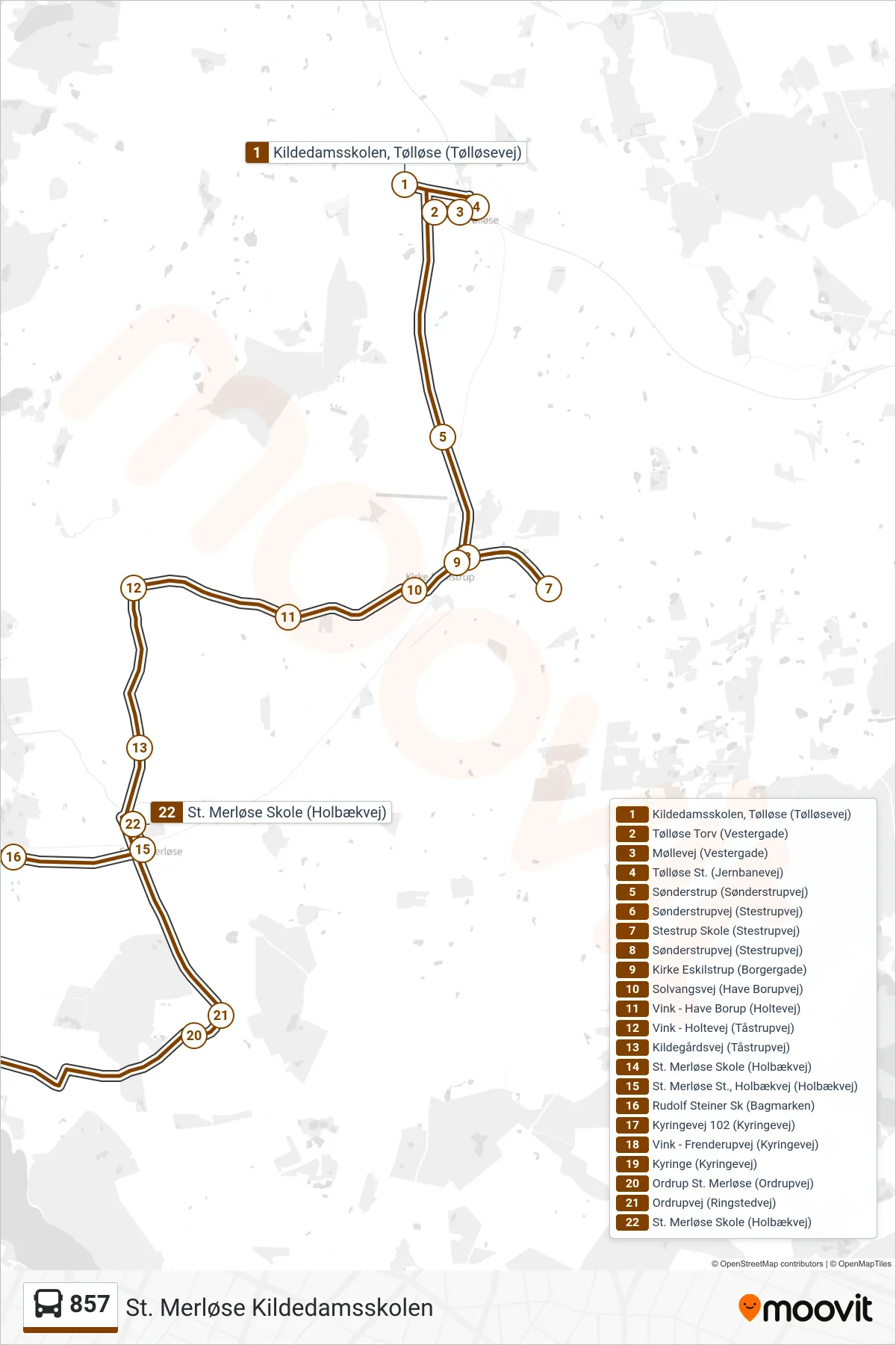 857 bus Linje (St. Merløse Kildedamsskolen) rute og stop på et kort