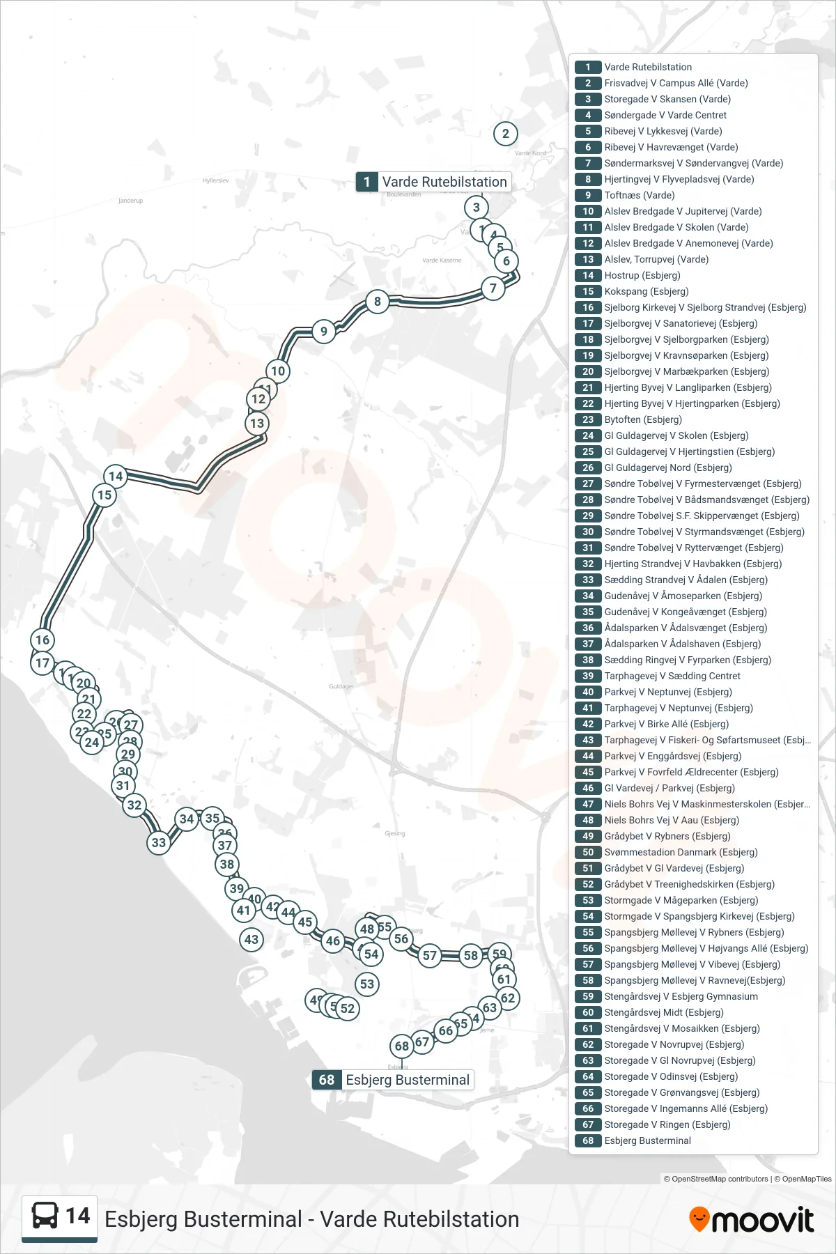 14 bus Linje (Esbjerg) rute og stop på et kort