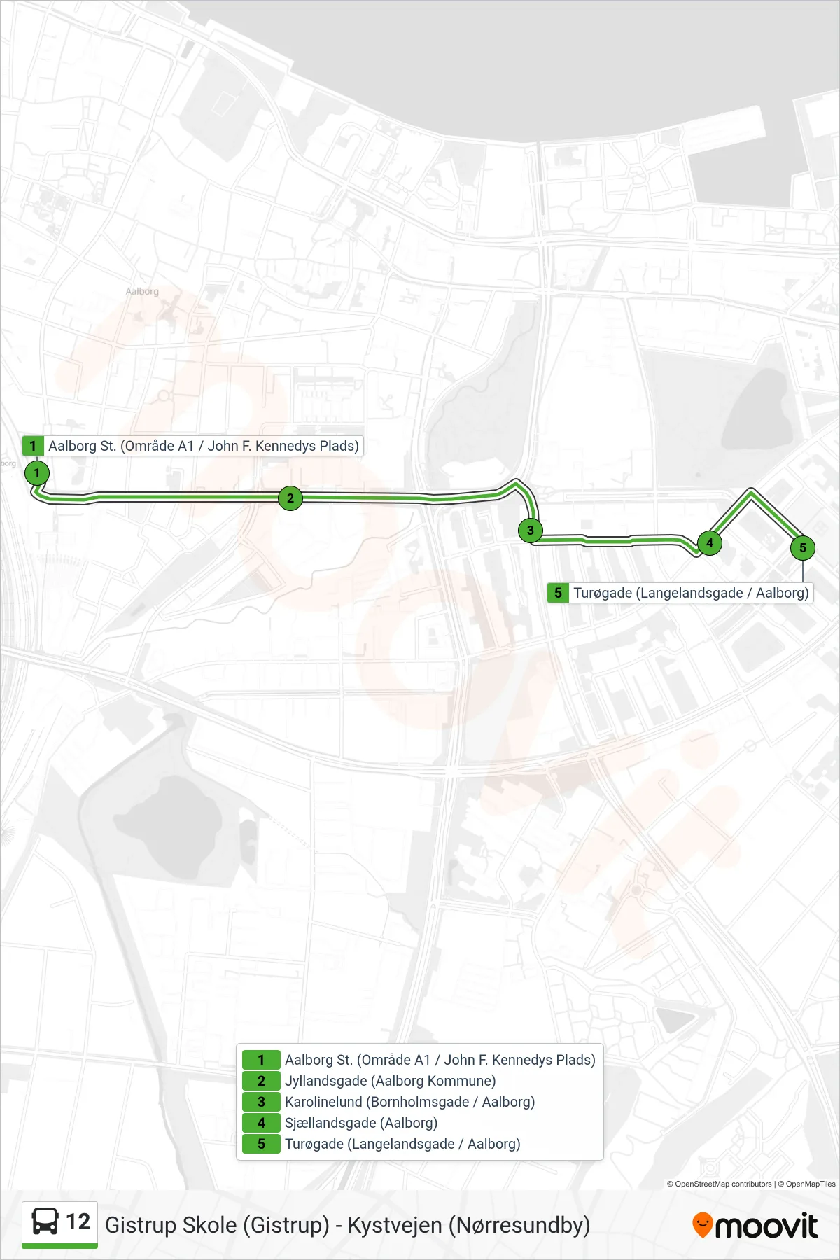 12 bus Linje (Turøgade) rute og stop på et kort