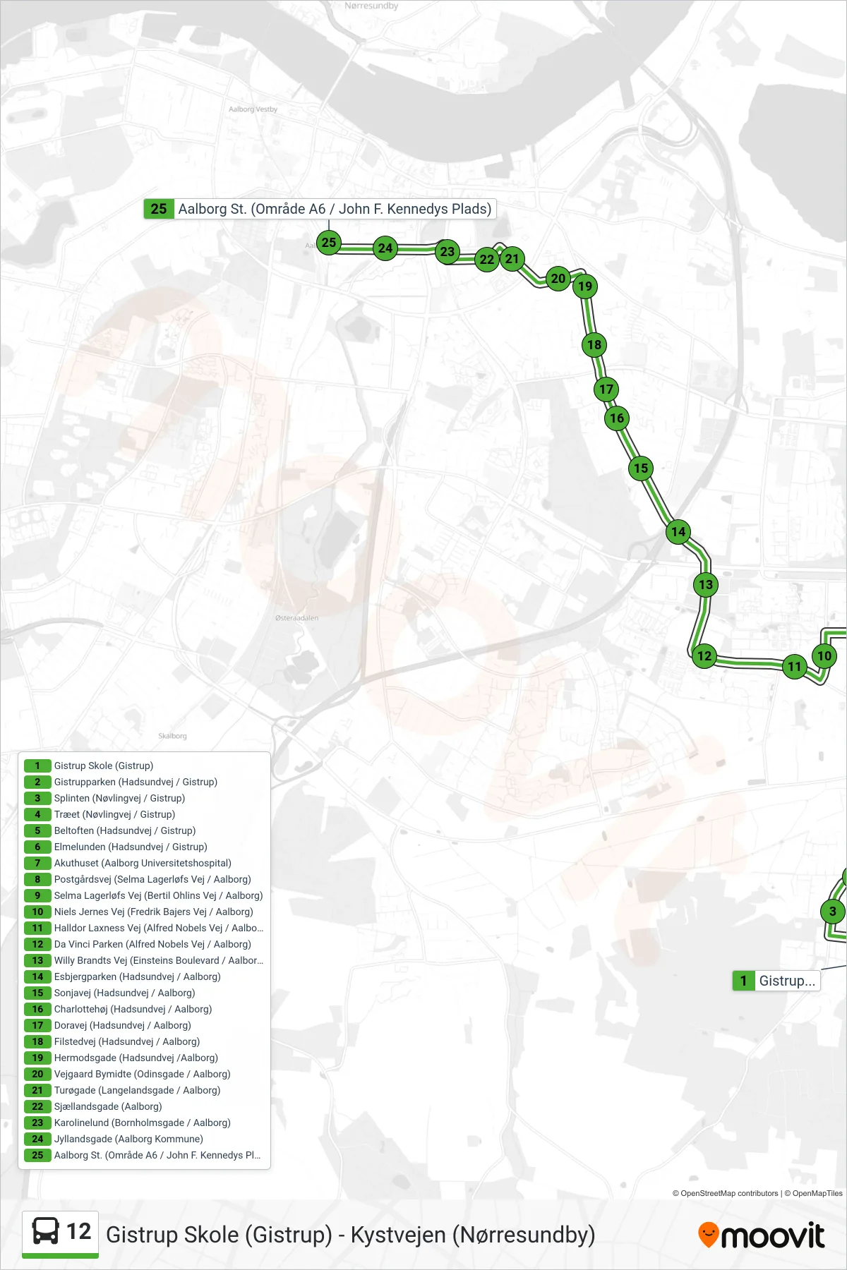 12 bus Linje (Aalborg St.) rute og stop på et kort