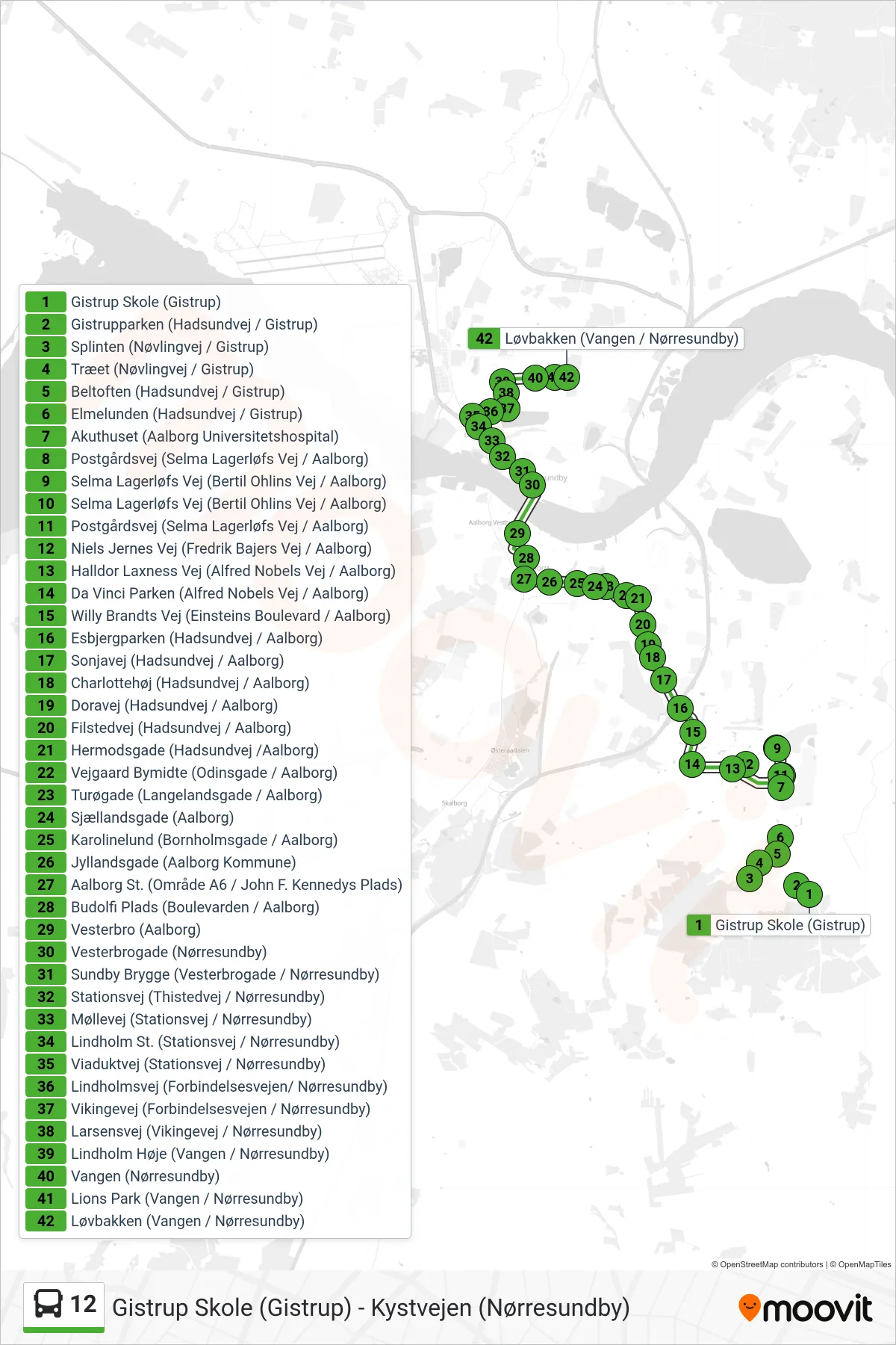 12 bus Linje (Løvbakken) rute og stop på et kort