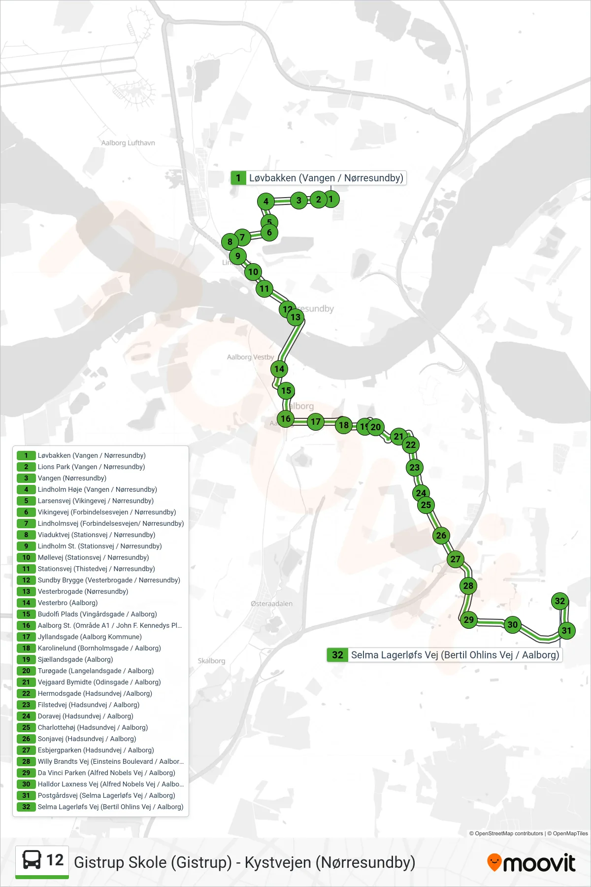 12 bus Linje (Universitetet) rute og stop på et kort