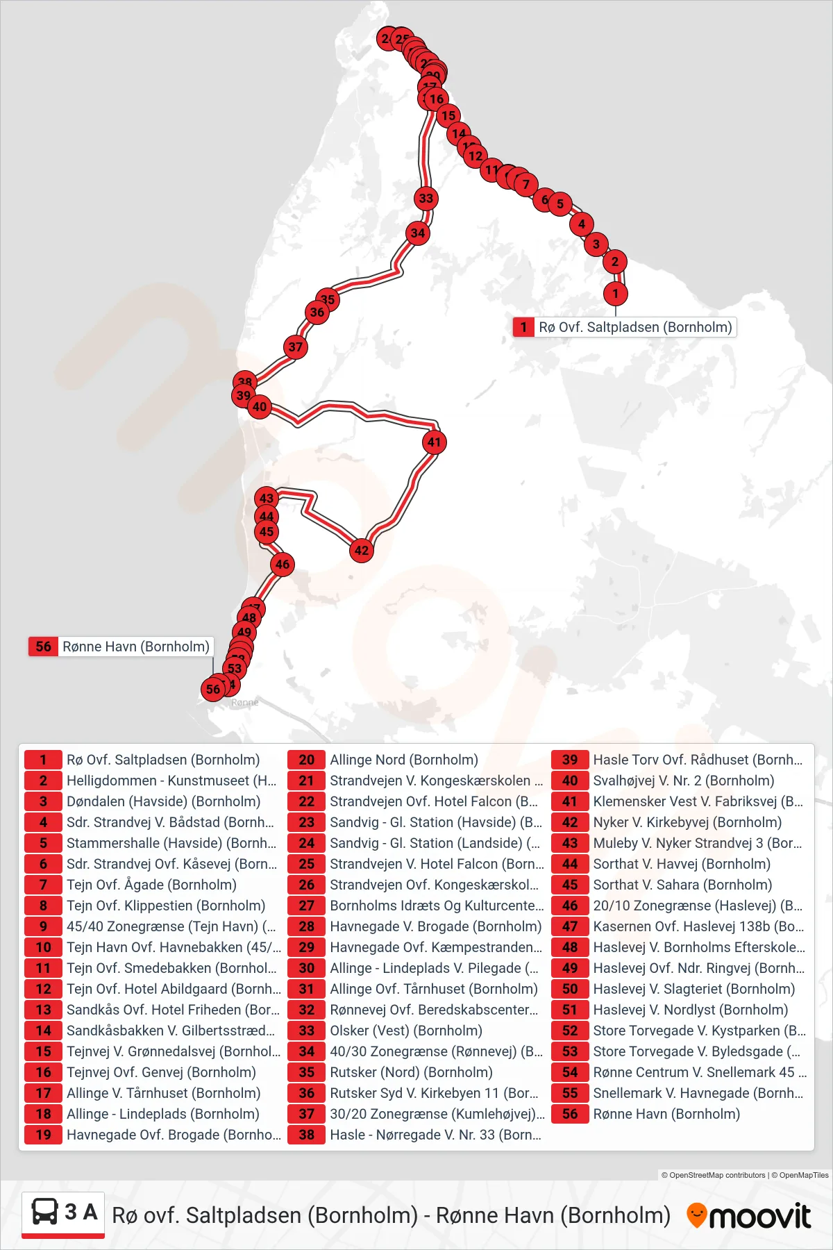 3 A bus Linje (Rønne Havn (Bornholm)) rute og stop på et kort