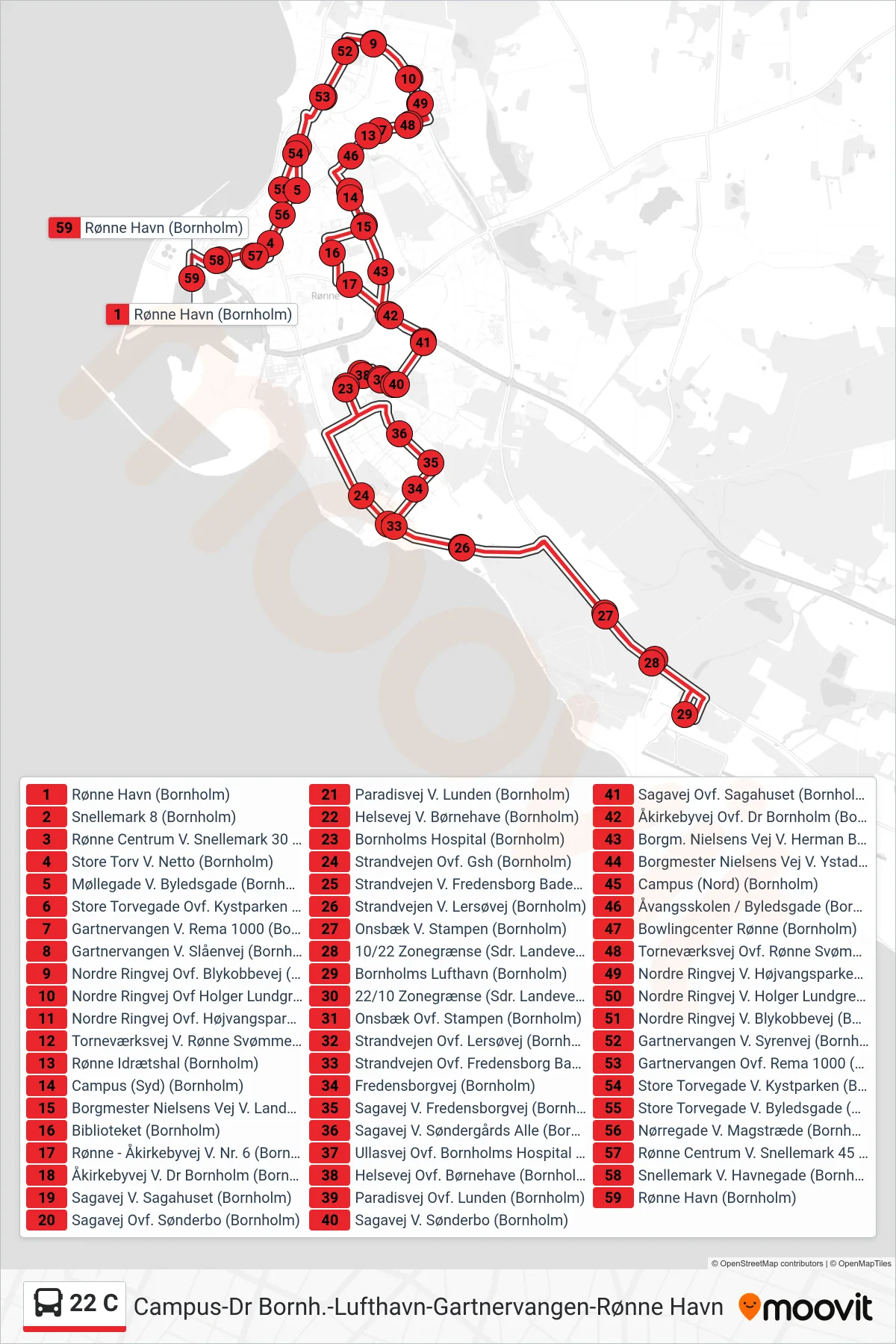 22 C bus Linje (Campus-Dr Bornh.-Lufthavn-Gartnervangen-Rønne Havn) rute og stop på et kort