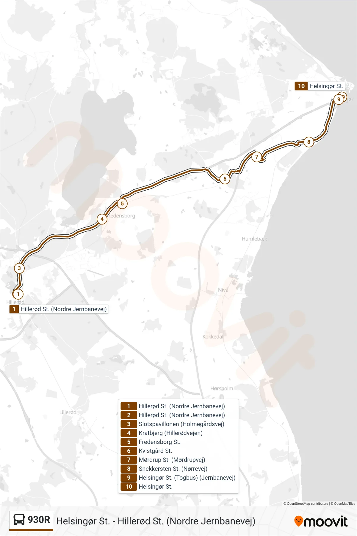 930R bus Linje (Helsingør St.) rute og stop på et kort