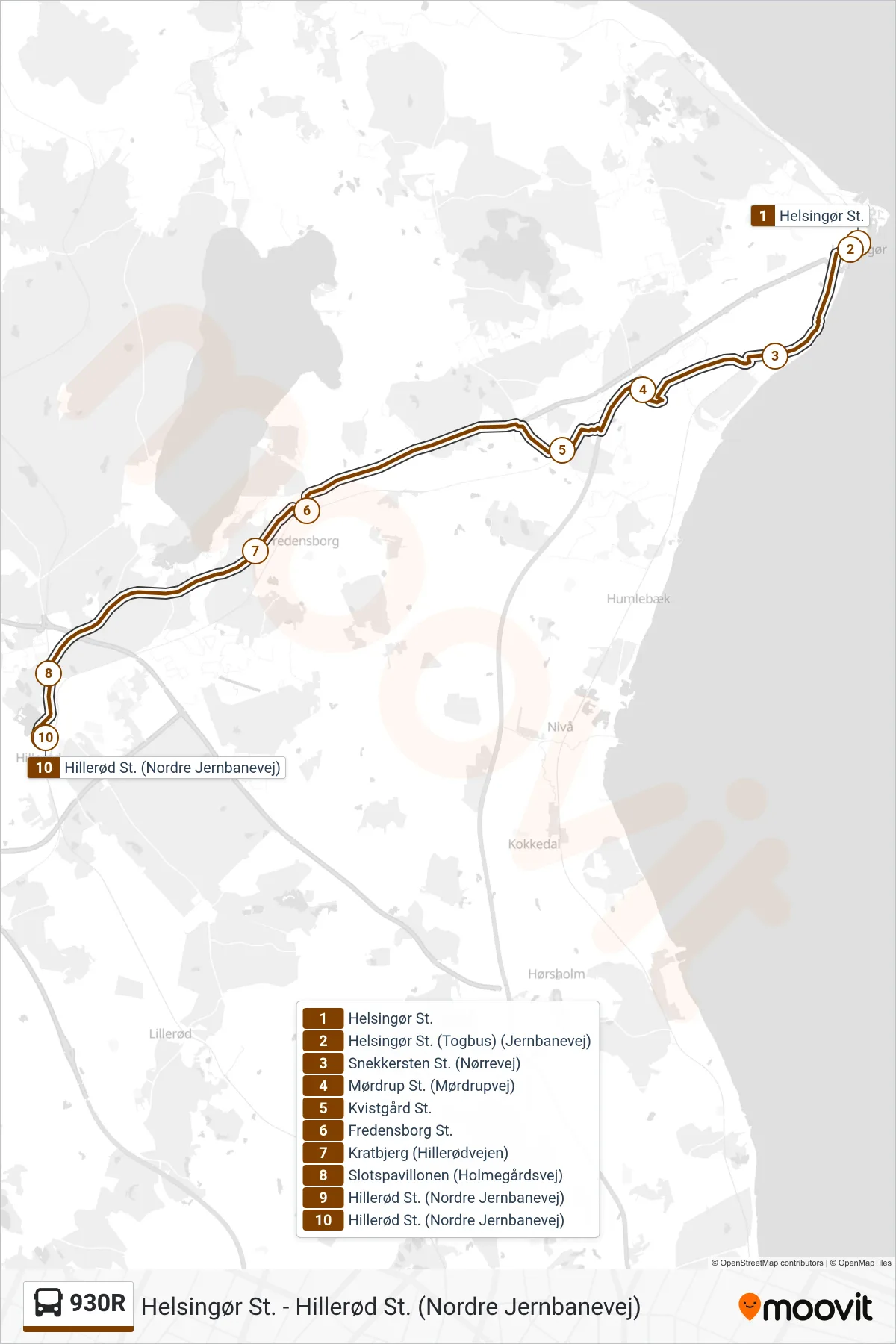 930R bus Linje (Hillerød St.) rute og stop på et kort
